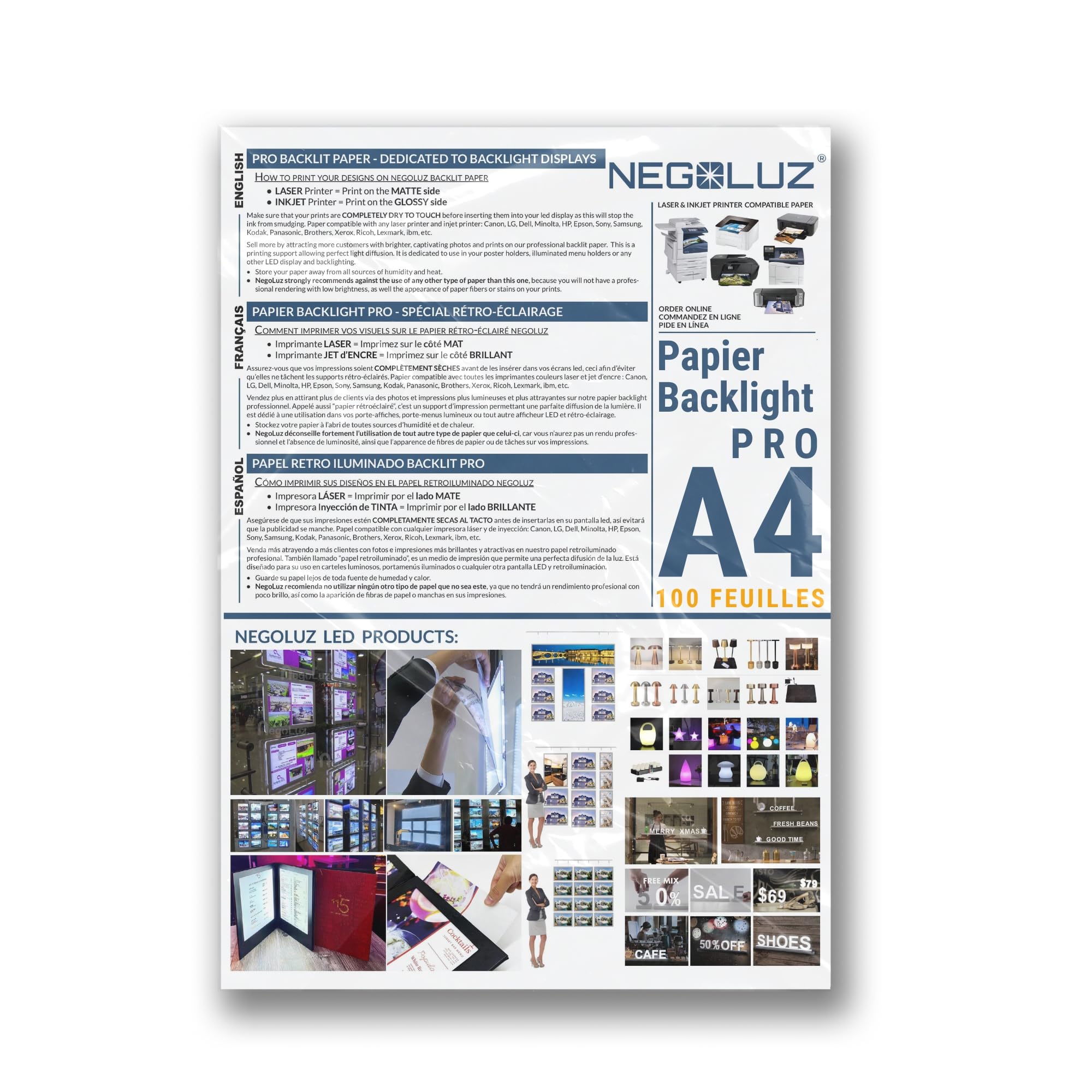 Papier Backlight A4 Rétroéclairé PRO 100 Feuilles pour Porte affiche Vitrine LED et Porte Menu Lumineux. Papier Spécial rétro éclairage NegoLuz ® pour professionnel compatible avec toute imprimante