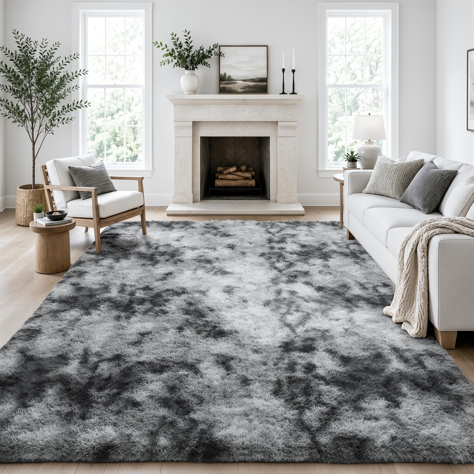 Ophanie Tie-Dyed Grey Area Rugs 8x10 for Bedroom Living Room, Fluffy Shag Fuzzy Carpet, Plush Shaggy Rug, Indoor Carpet for Kids Boys Dorm Home Decor Aesthetic, Nursery with 99 pcs Pile fibers