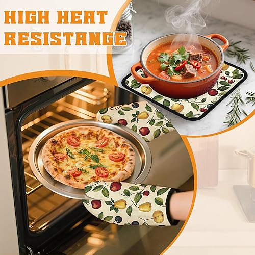 Miniatura 6 de Juego de guantes retro para horno y soportes para ollas, guantes de horno de cocina de cereza y soporte para ollas con resistente al calor,
