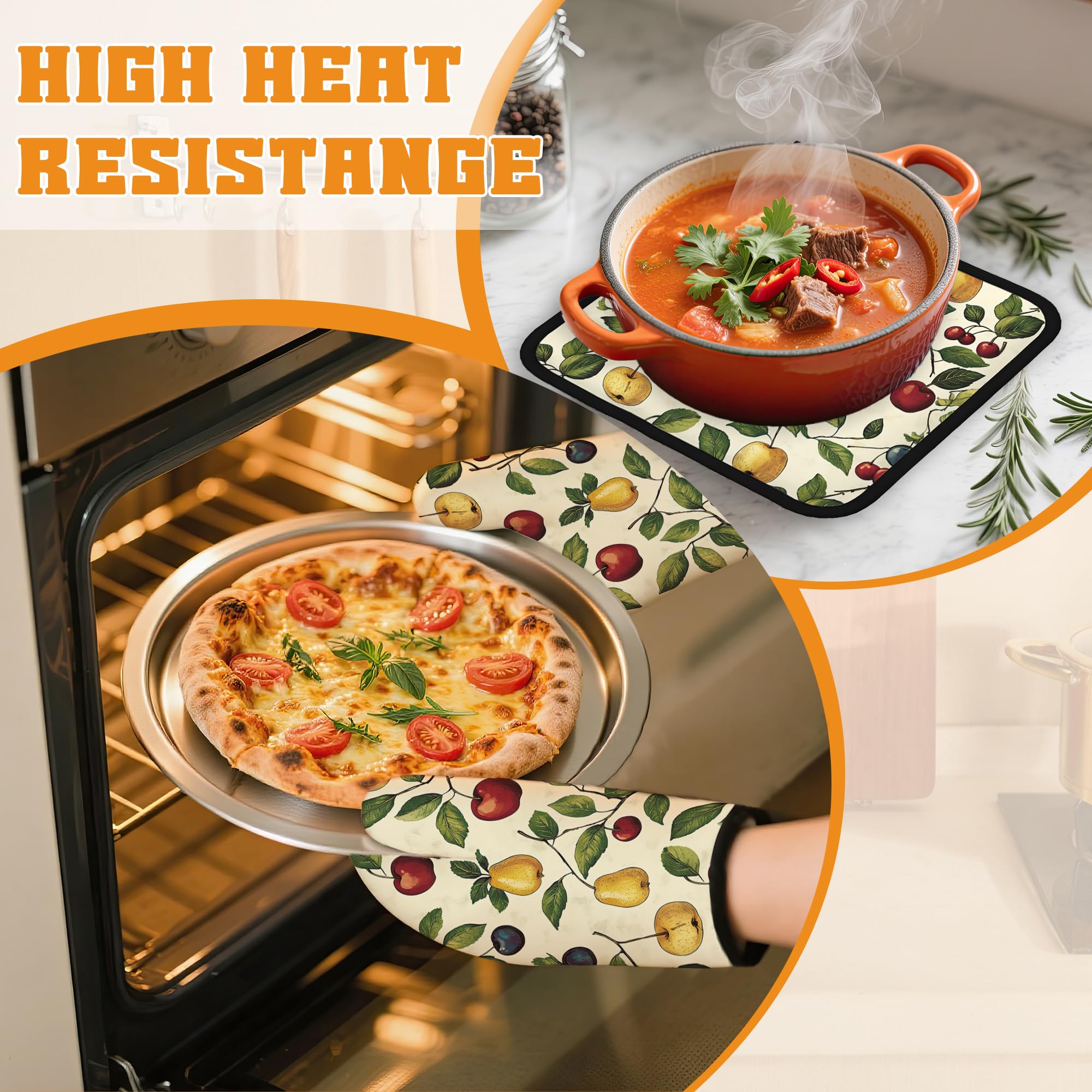Zestaw rękawic kuchennych i garnków w stylu retro, wiśnia, rękawice kuchenne i uchwyt na garnek z odpornym na wysokie temperatury, antypoślizgowe, do gotowania, pieczenia, grillowania (zestaw 4