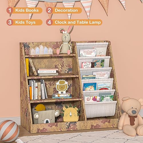 Miniatura 185 de Estantería de madera rosa de 4 niveles para niños, estantería de 5 capas, estante para libros de almacenamiento para bebés, organizador de juguetes