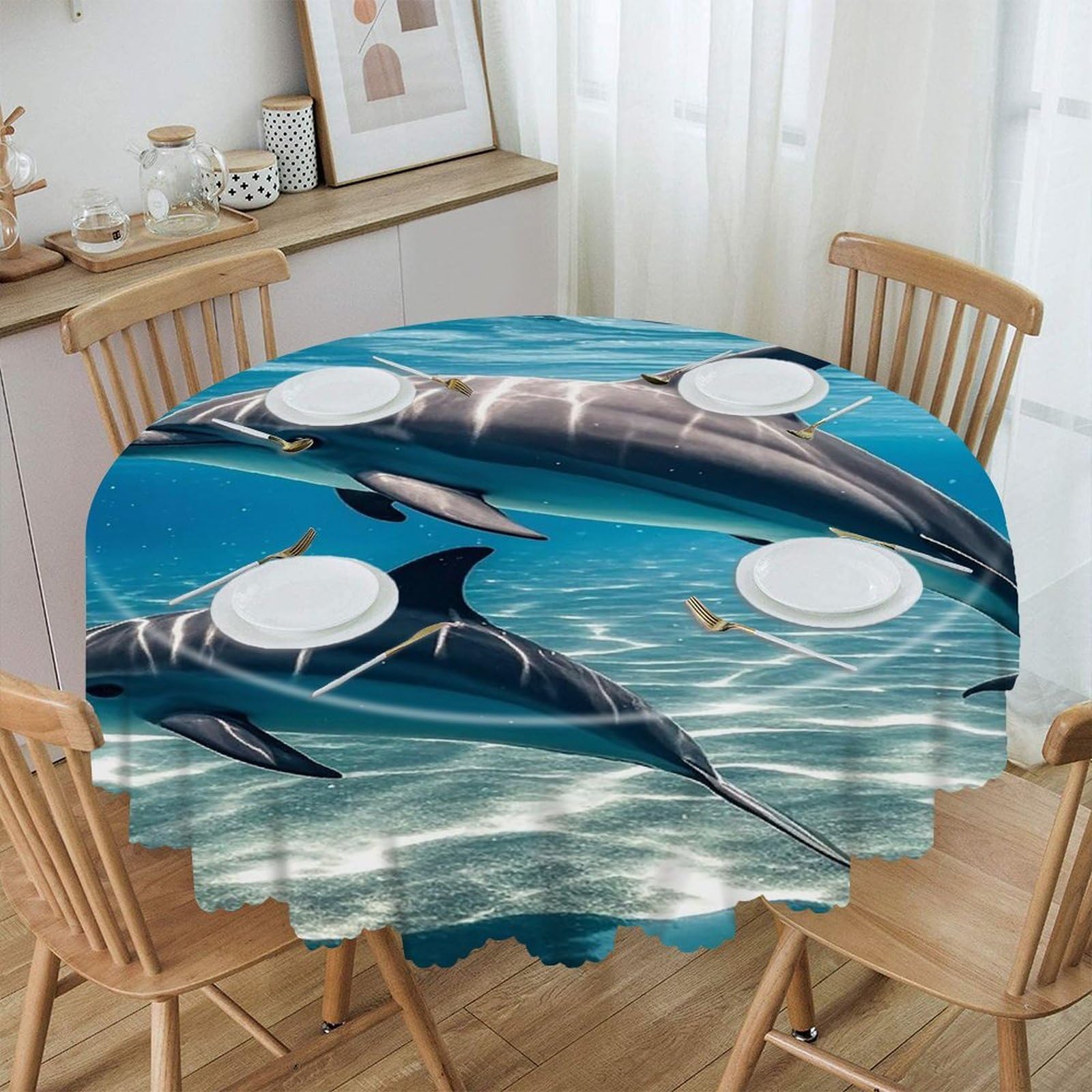 LZQPOEAS Dolphins Underwater Round Tablecloth Rustic Circle Table Cloth Wrinkle Resistant Decor Tablecloth Waterproof Washable Table Cover for Kitchen Party Dining Table 60 Inch