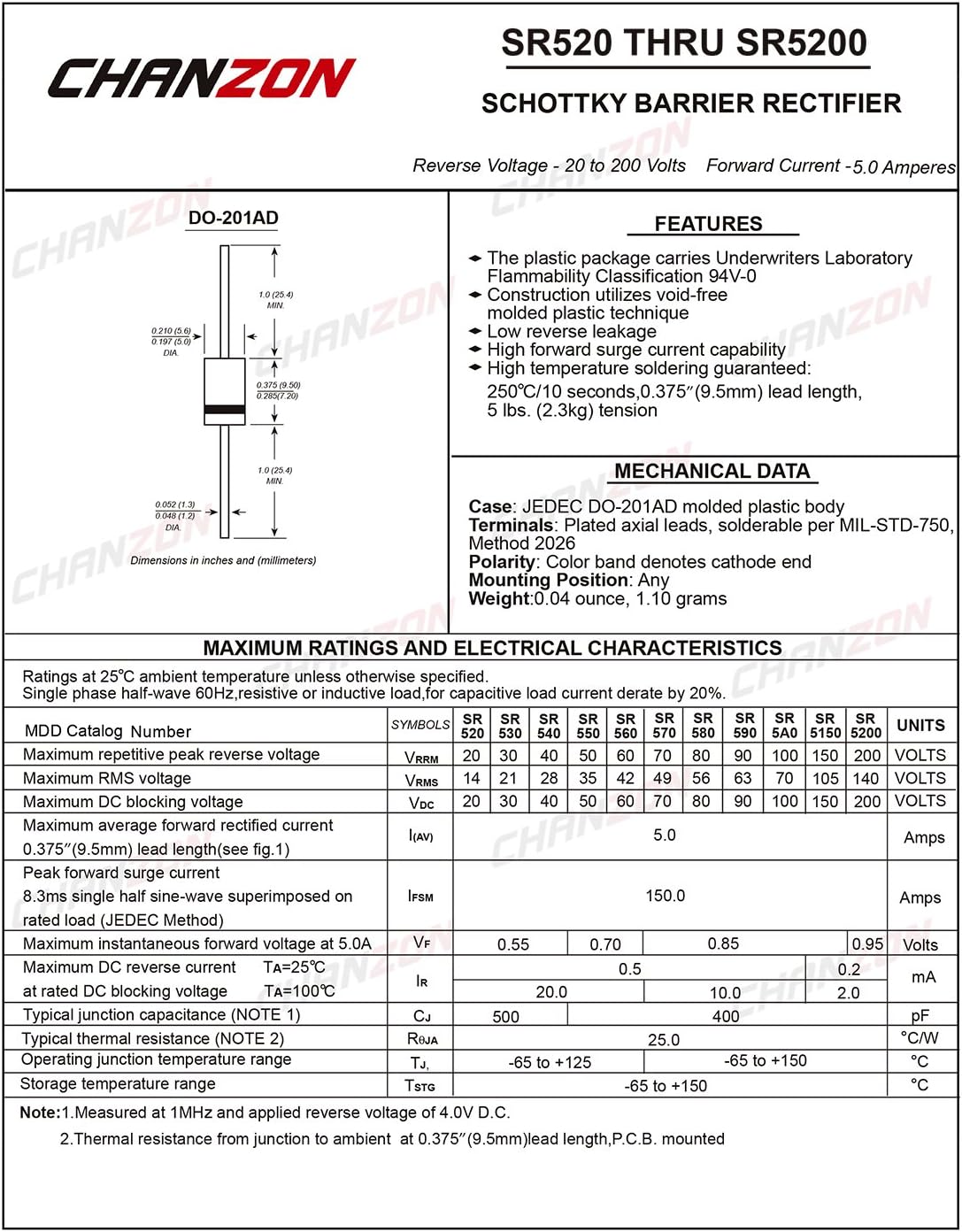CHANZON SR5100 Schottky Barrier Rectifier Diode DO-201AD package dimensions and features