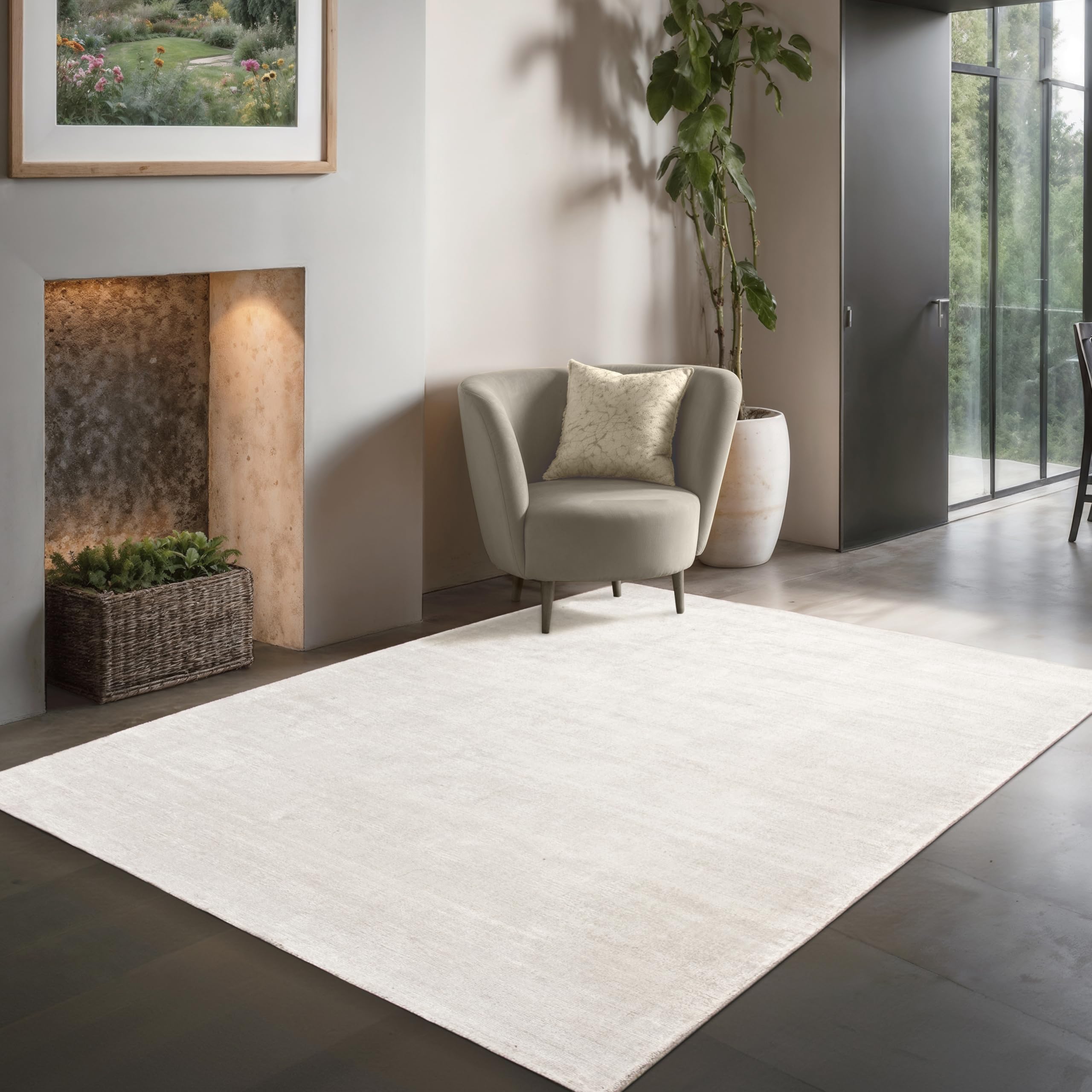 the carpet Janelle eleganter hochwertiger Viskose Wohnzimmer Teppich, exquisiter handegewebter Kurzflor mit Premium-Qualität, pflegeleicht, farbecht, Weiß, 80 x 150 cm