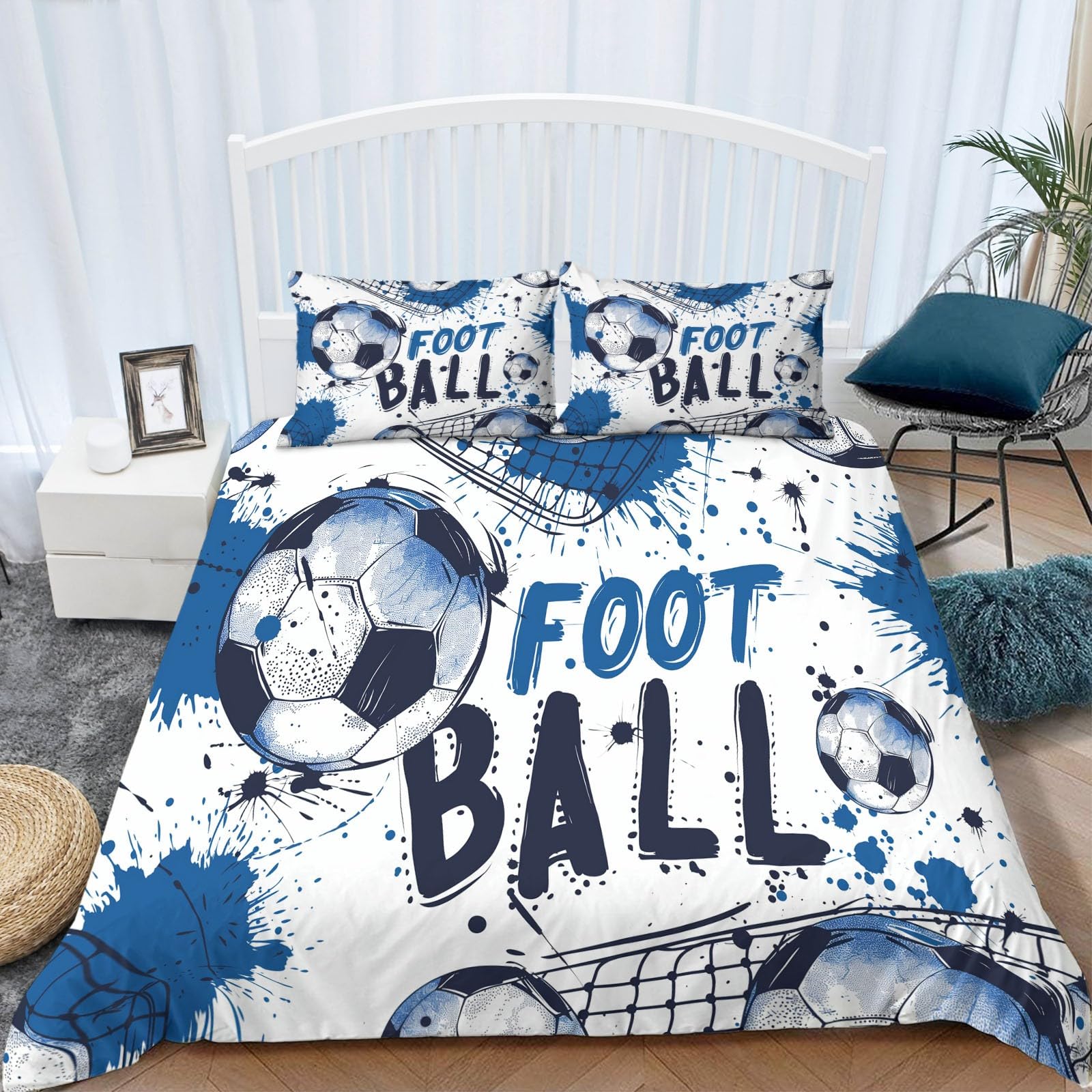 Funda Nordica Infantil para Cama 90 Tema De Fútbol ​​Azul 3D Funda de Microfibra Polialgodón para Edredón 150x200 cm, Suave y Transpirable Juego de Funda Nordica