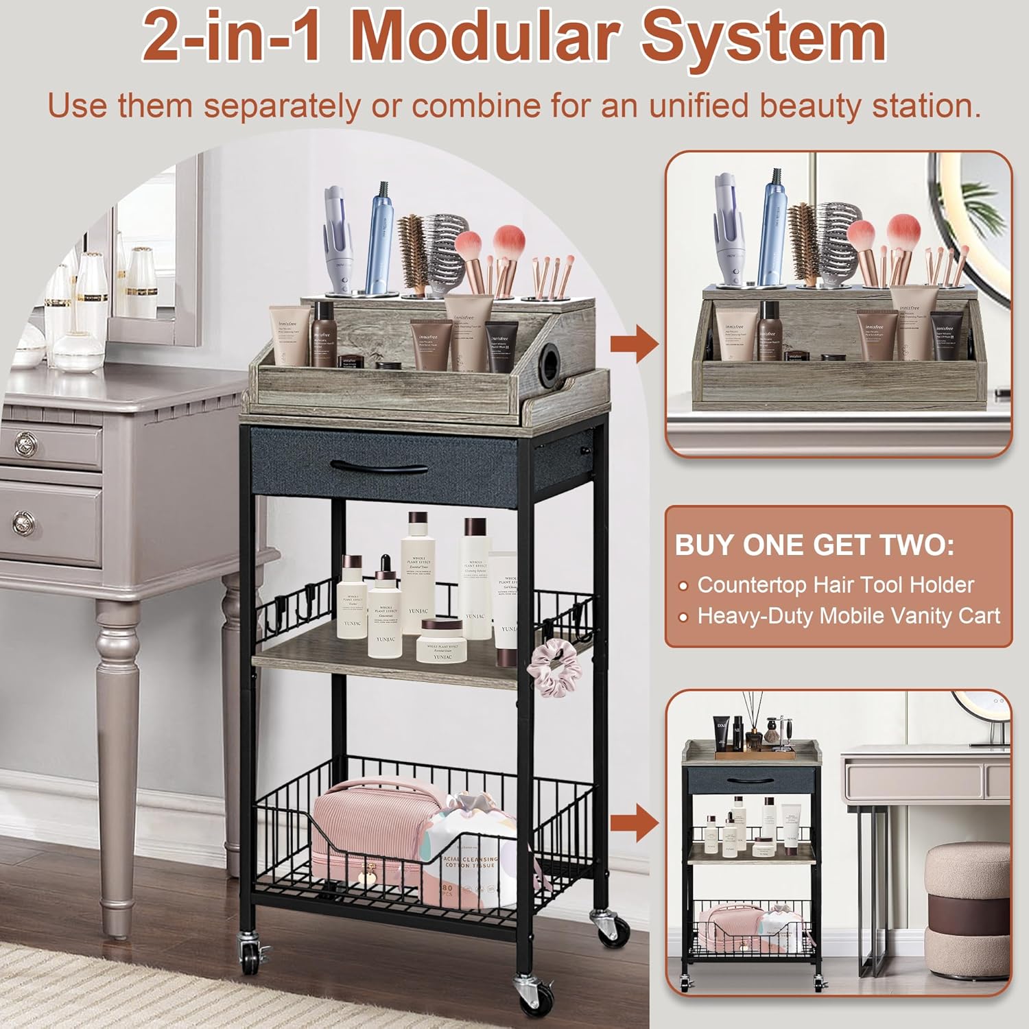 Makeup Organizer Cart Large, 2-in-1 Beauty Organizer with Wheels & Hair Tool Holder, Makeup Stand with Drawer, Vanity Storage Cosmetics Display Cases for Skin Care Nail Polish Perfume-Black