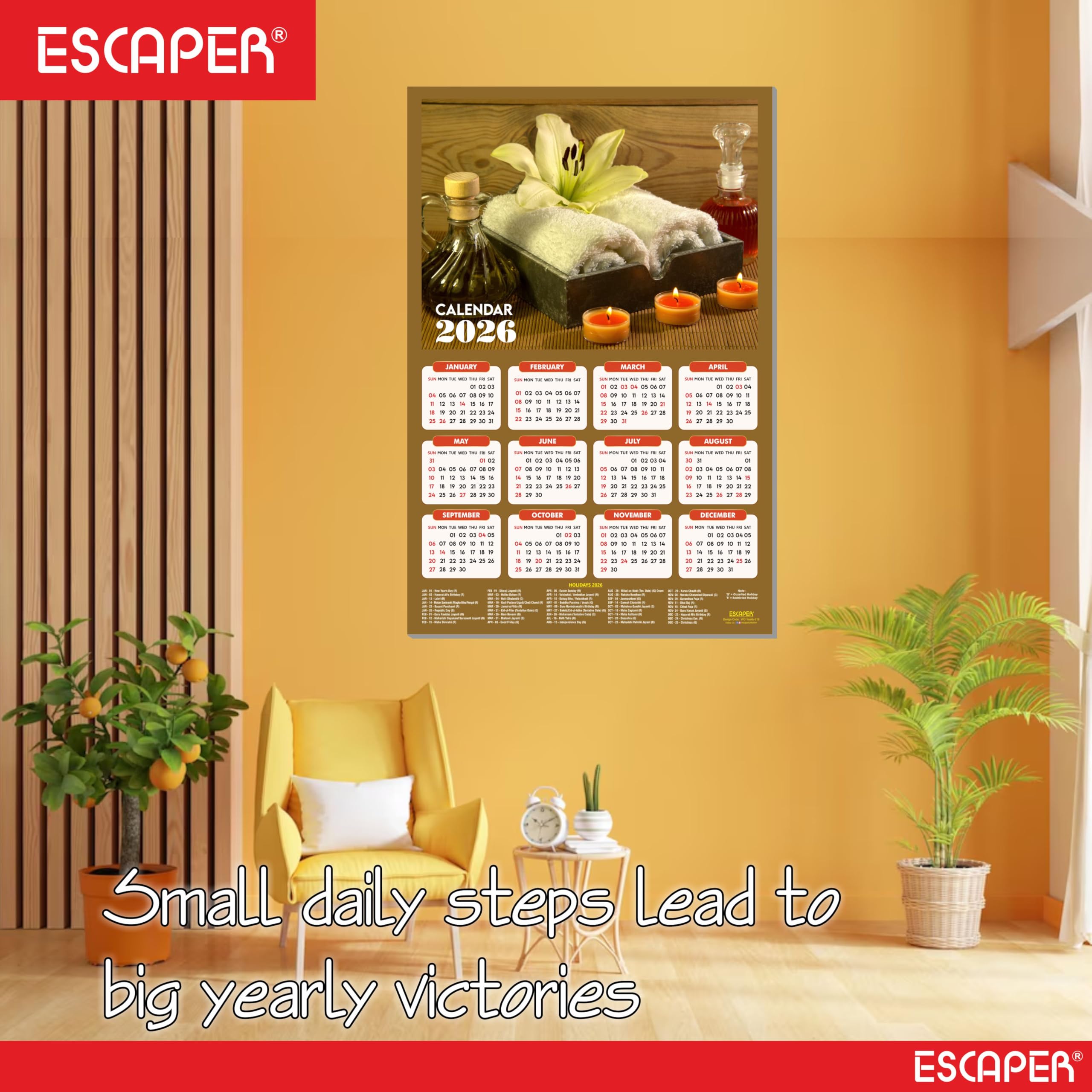 ESCAPER Calendario da parete Body Spa 2025 da appendere (45 x 30 cm), calendario da parete ayurvedico spa 2025, calendario da parete 2025, calendario da parete 2025, decorazione da parete spa