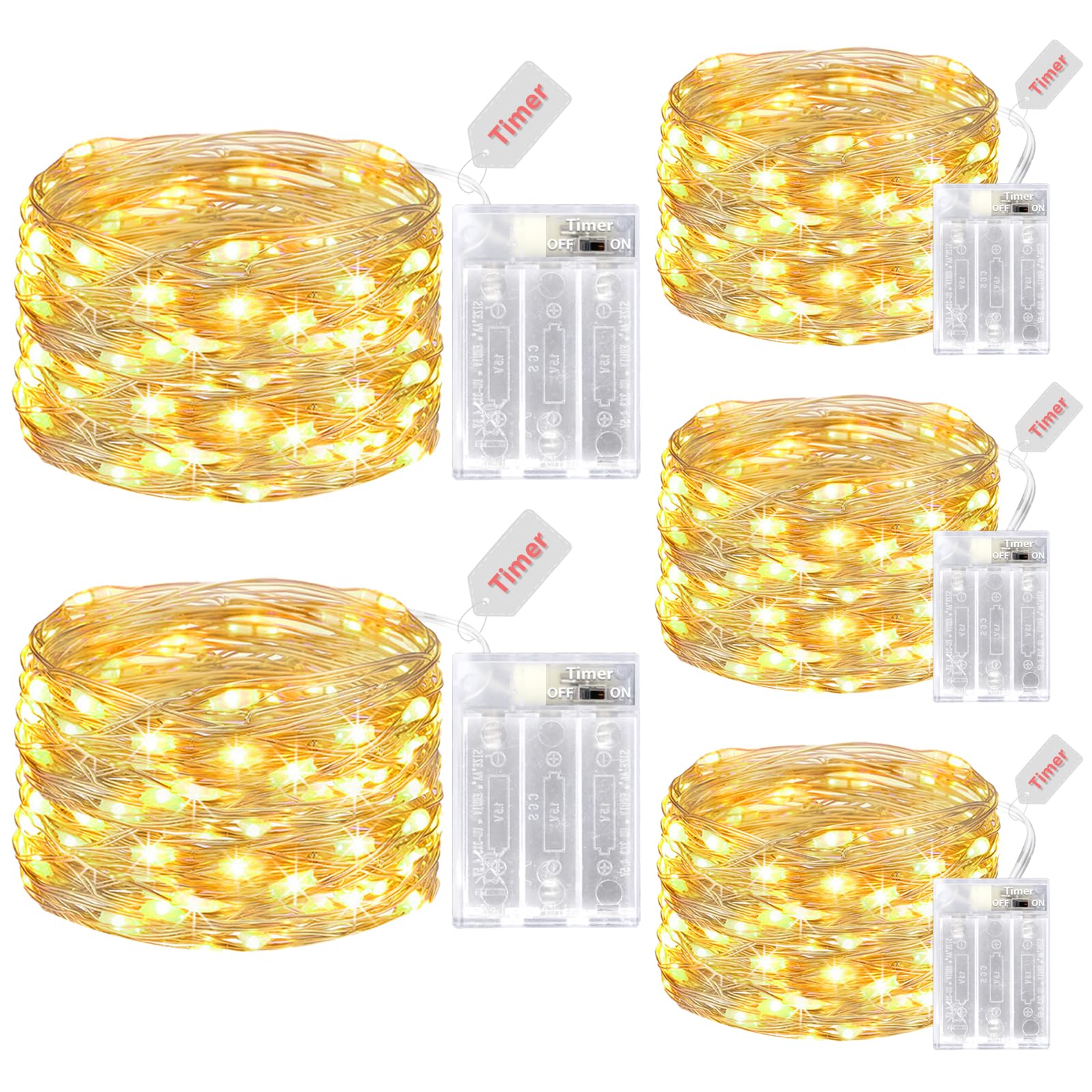 kolpop 5 Pack Fairy Lights Battery Operated with Timer, 50 LED Mini String Light Battery Powered, Warm White Tiny Christmas Lights for Indoor Christmas Wedding Decorations