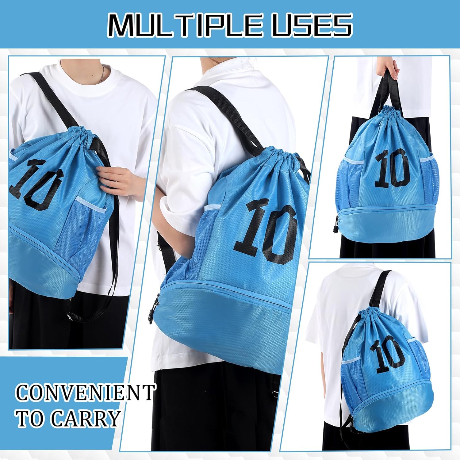 Drawstring Soccer Backpack Sports with Ball and Shoe Compartment Side Mesh Pockets Soccer Bags Water Resistant String Swim Gym Bag Wet Proof Pocket for Women Men - Image 7