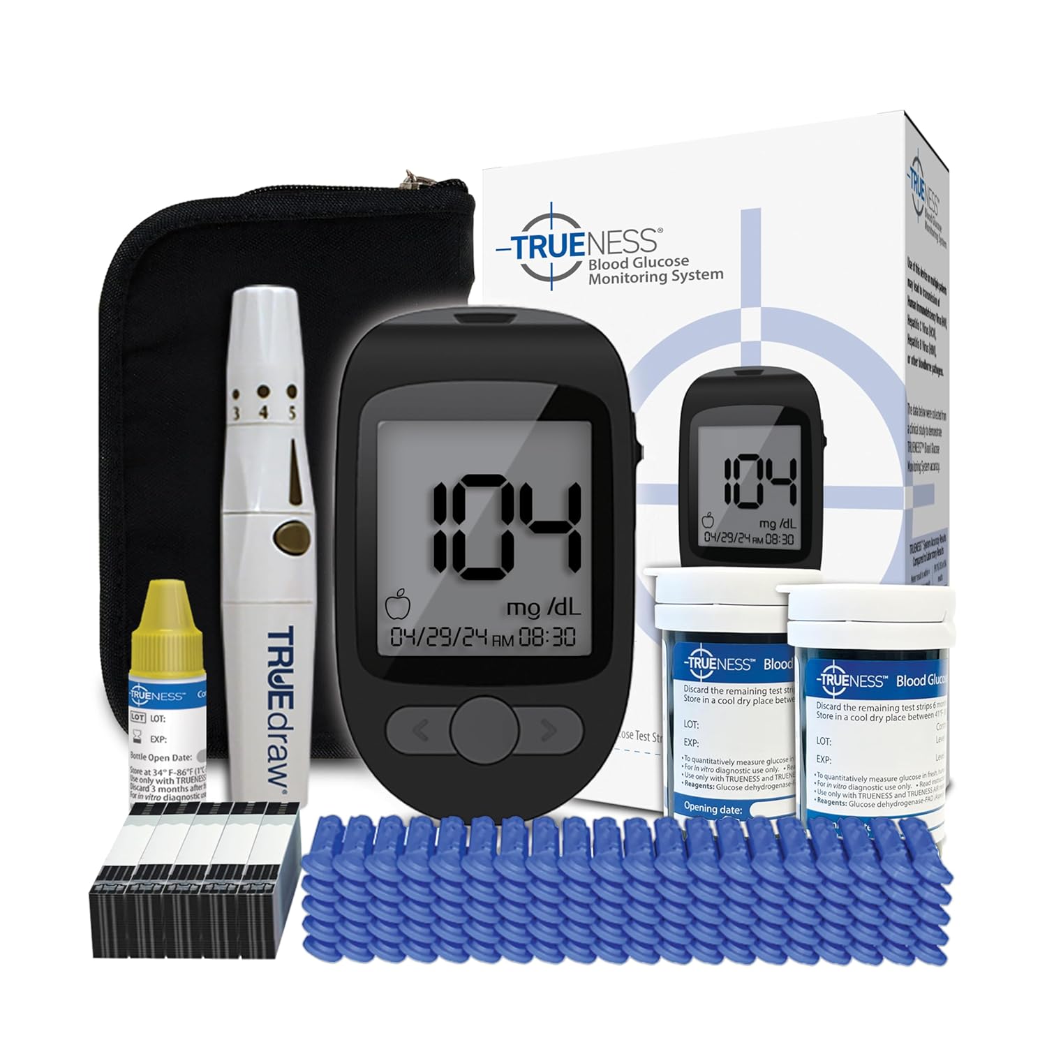 TRUENESS Blood Glucose Meter Bundle – Blood Glucose Monitor, Case, 100 Test Strips, 100 Lancets, Lancing Device, Control Solution – Fast, Easy Testing Supplies for Home Use TRUENESS Blood Glucose Meter Bundle – Blood Glucose Monitor, Case, 100 Test Strips, 100 Lancets, Lancing Device, Control Solution – Fast, Easy Testing Supplies for Home Use
