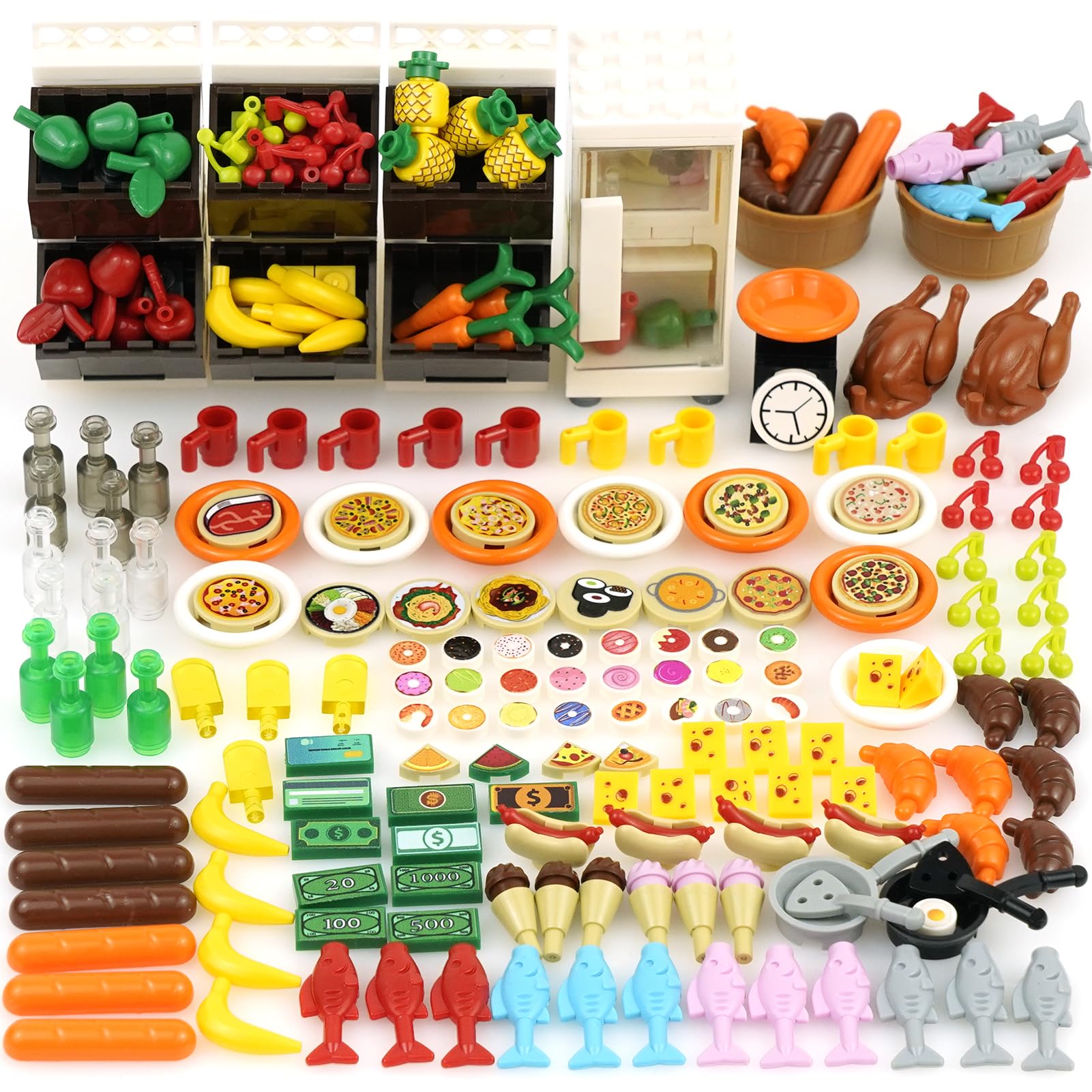 Pamvava Food City Accessories Building Blocks Sets, Pizza Fruits Sushi Refrigerators Friends Comida Pineapple Ice Cream Hot dog Cheese Bricks Toys, Food Truck Pieces Parts