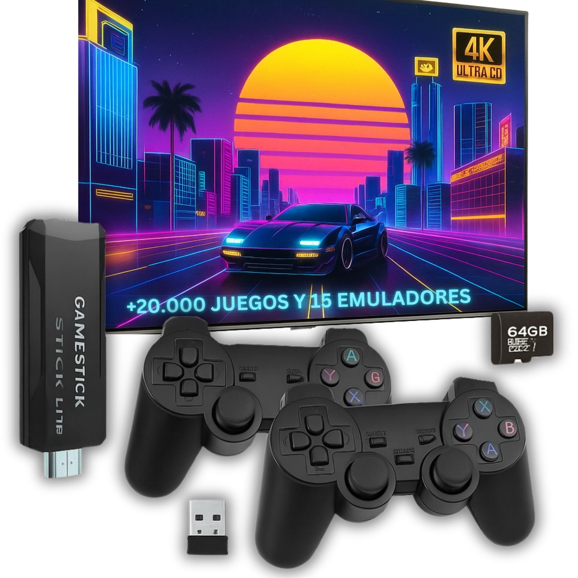 Consola Stick HDMI 15 Emuladores + 20.000 Videojuegos Retro 2 Mandos Inalámbricos Juegos Clásicos Tarjeta 64GB - Regalo cumpleaños, fin curso, niño, niña - Videoconsola Arcade Pincho Console TV
