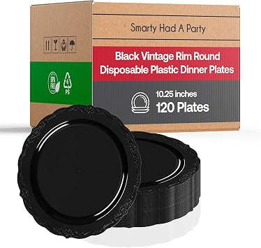 Elegant Disposable Plastic Plates for Party - Black Dinner Plates 10", 120 Count