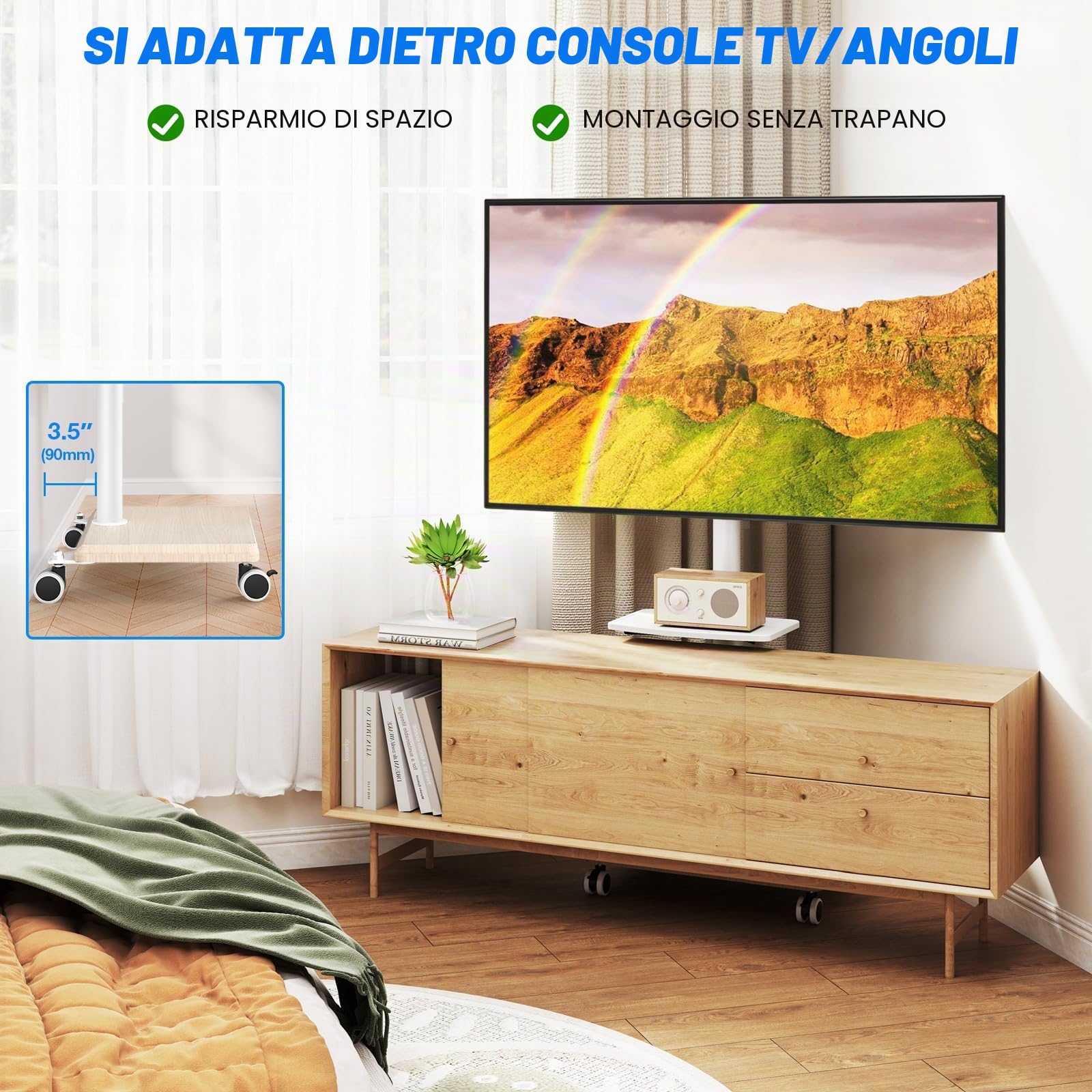 5Rcom TV Portatile con Piedistallo con Ruote per 27-55 Pollici, Supporto TV da Pavimento con Legno Base, TVs con le Ruote con Ripiano Max VESA 400x400mm 30kg (Bianca)