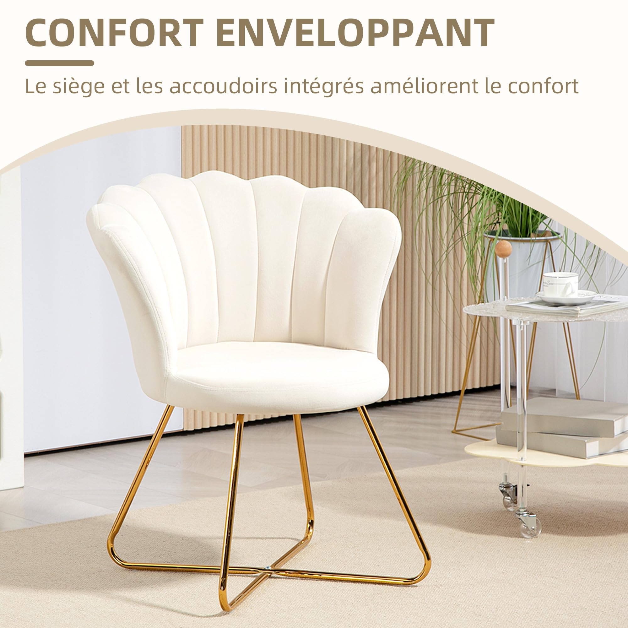 HOMCOM Chaise de Coquillage, Coiffeuse, Chaise en Velours, Chaise de Salon avec Pieds en Acier, pour Salon, Chambre à Coucher, 69 x 64 x 80 cm, crème