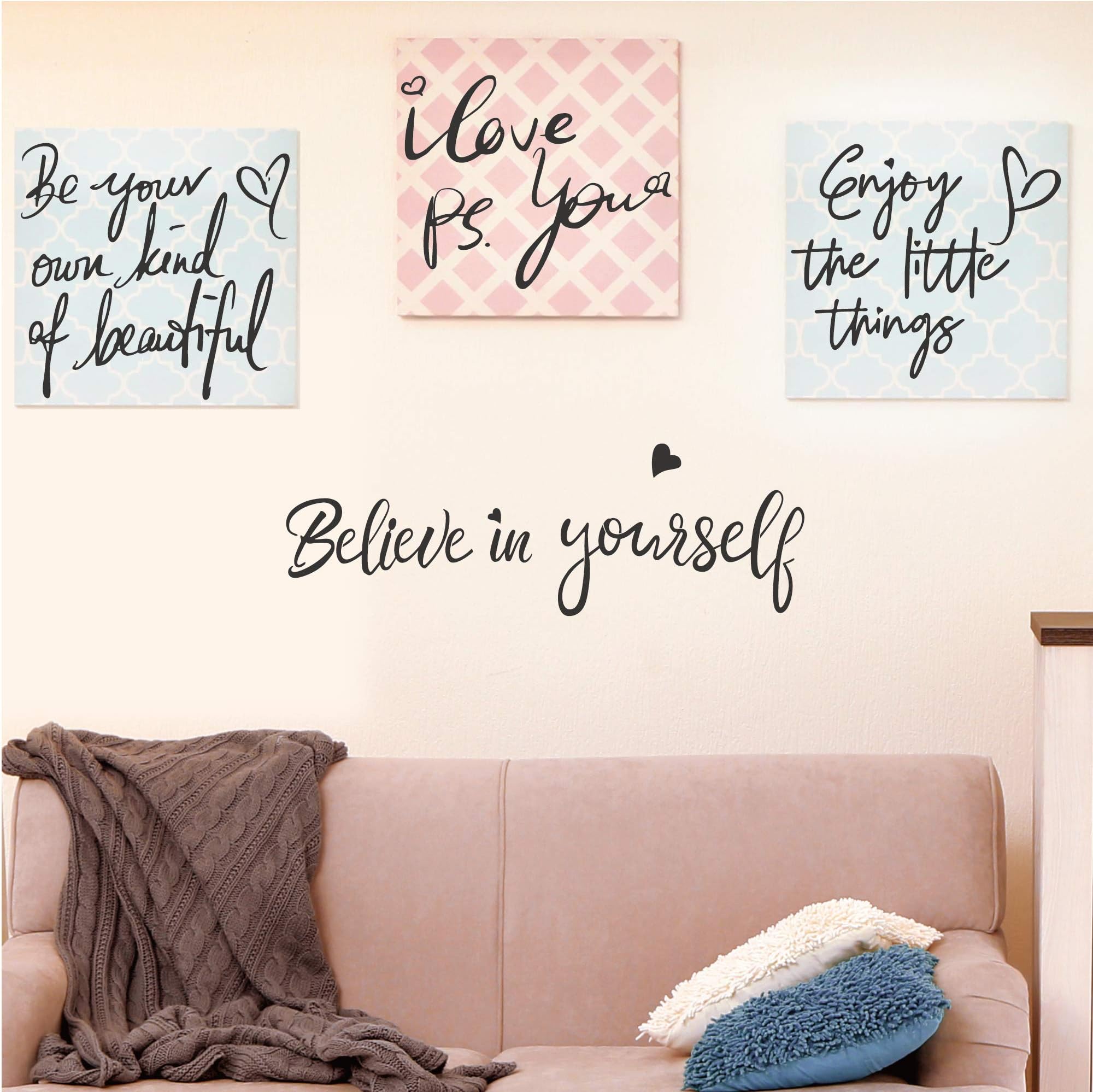 4 Set-Believe in Yourself-Be Your Own Kind of Beautiful-Enjoy the Little Things-PS. I Love You-Inspirational Quotes Wall Decals Vinyl Wall Stickers for Girls Women Bedroom Living Room Home Decor