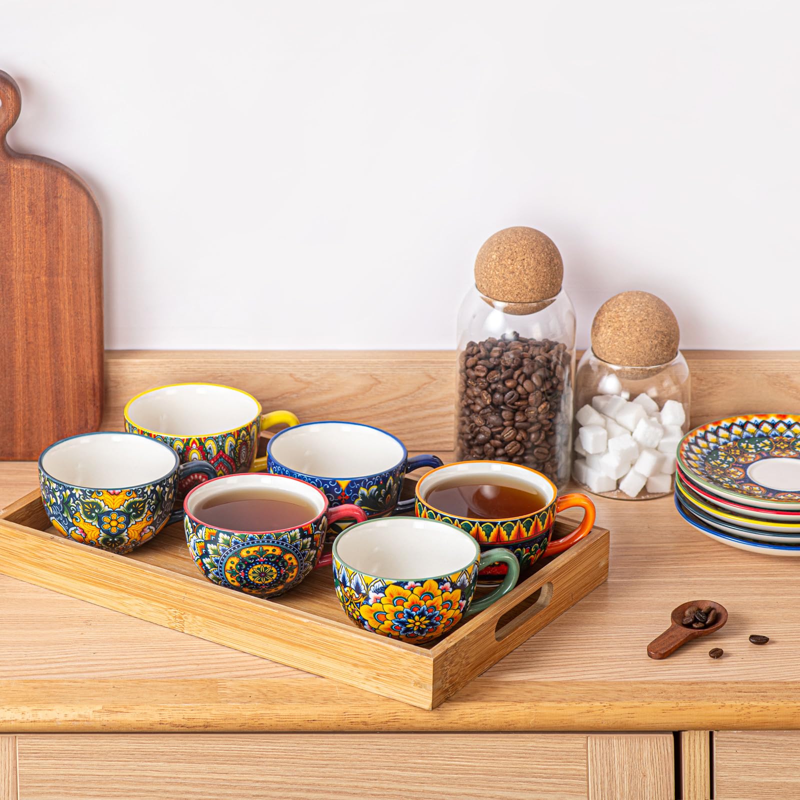 Juego de Café de Porcelana, Juego de 6 X 250 ml, Pintado a Mano, Juego para 6 Personas, incluye Tazas de Café y Platillos
