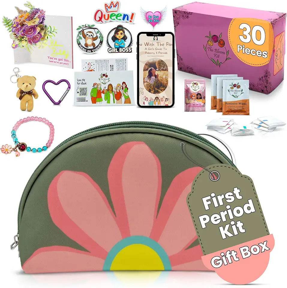 The Bloom Kit de primeira menstruação para meninas 9-10-12-14 para escola, kit menstrual para iniciantes para adolescentes inclui saco de armazenamento de guardanapo sanitário, almofadas, lenços,