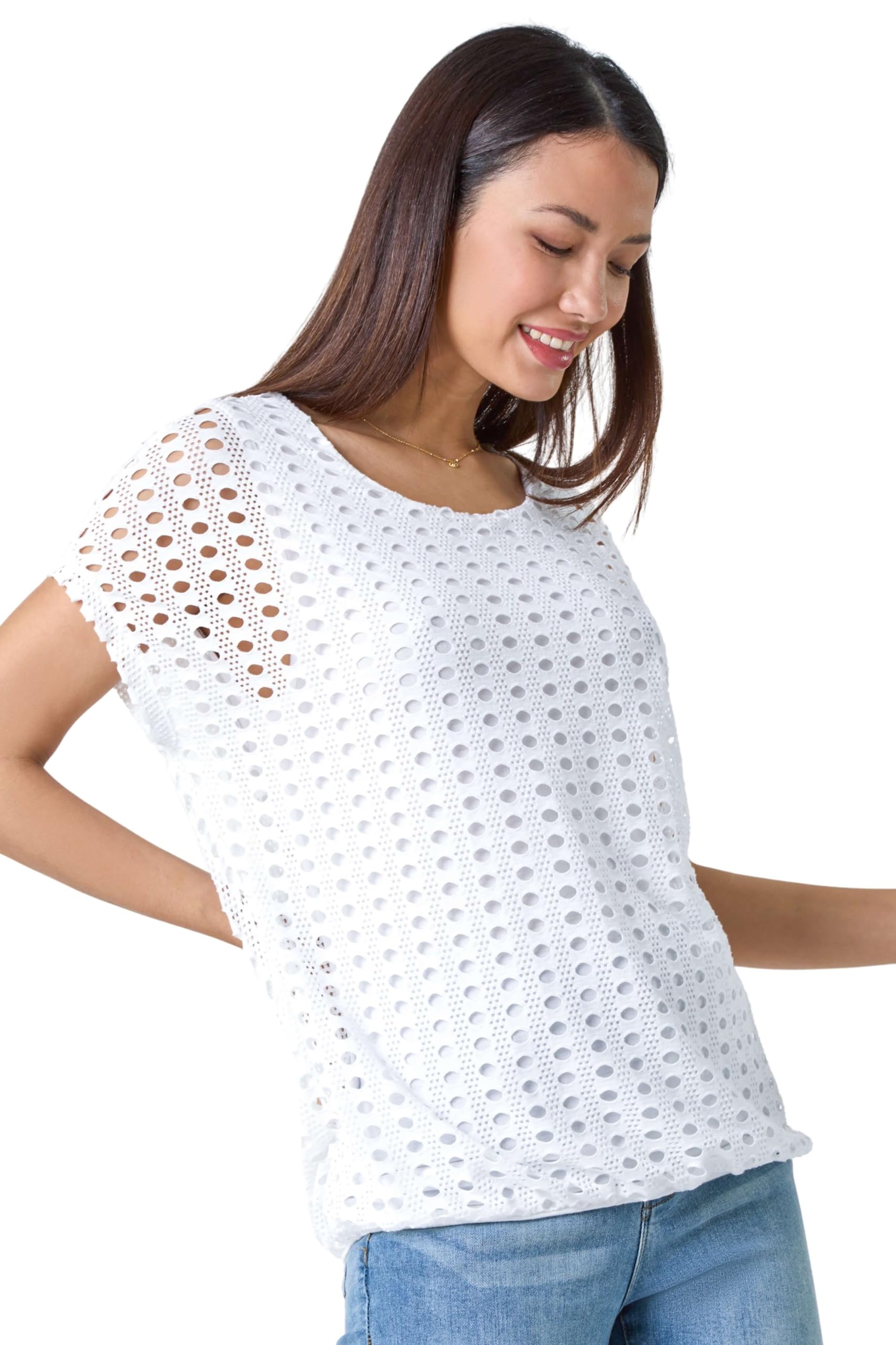 Roman Originals Cut Out Detail Stretch Top for Women UK - Ladies Everyday Holiday Spring Summer Round Neckline Comfy Soft Evening Vacation Work Party - Ivory - Size 18