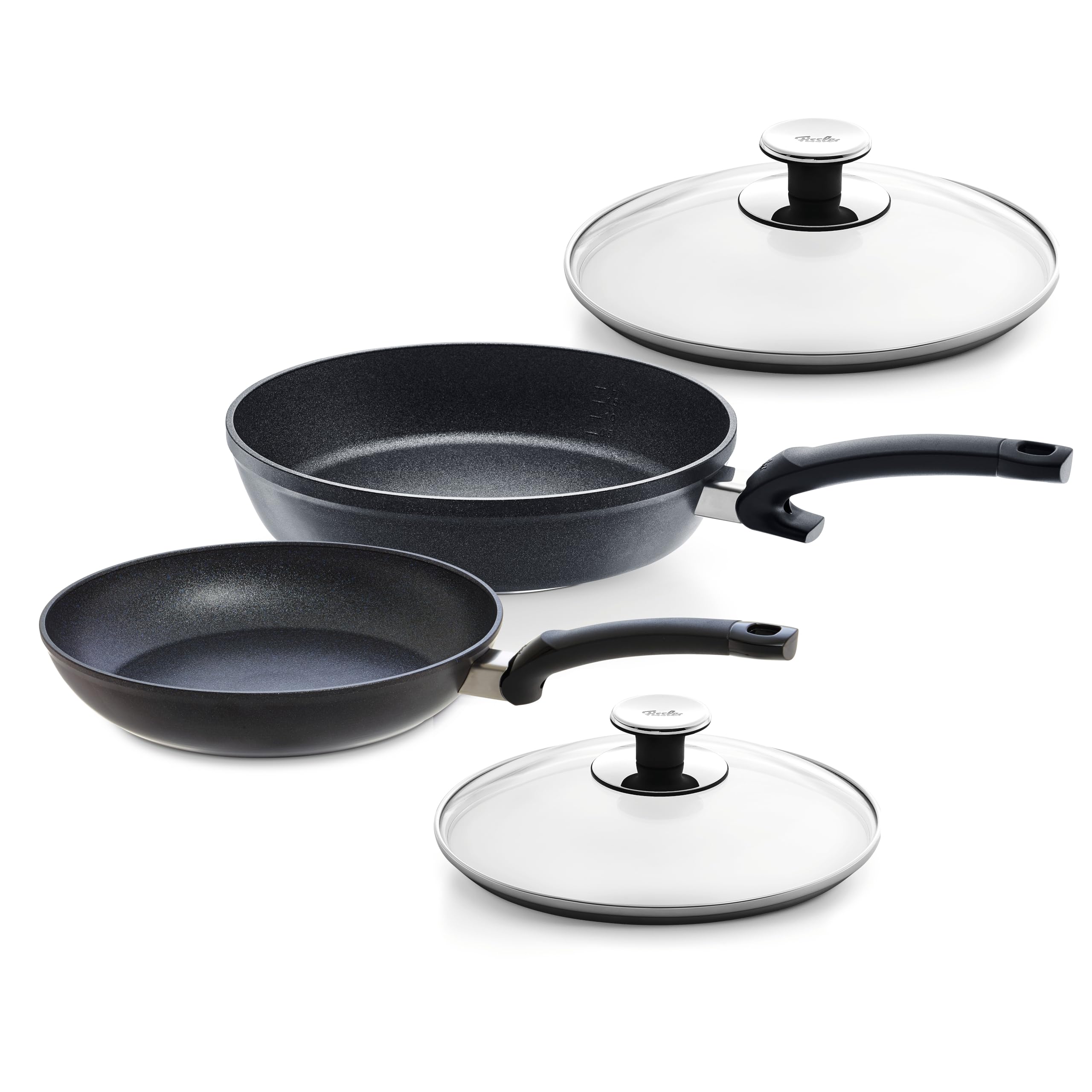 FisslerAdamant 4-Piece Pan Set (1x Adamamt Classic 24 cm and 1x Adamant Comfort 28 cm) + Glass Lid, Coated Aluminium Pans Non-Stick Scratch-Resistant - Suitable for Induction Cookers