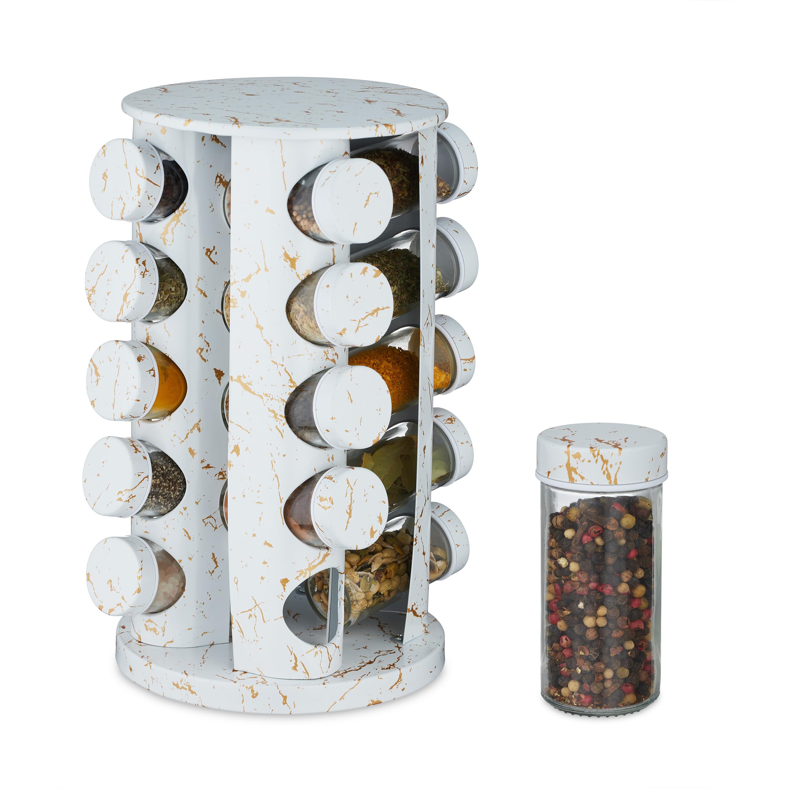 Relaxdays Gewürzkarussell, 20 Gewürzgläsern, Streueinsatz, 360° drehbar, Gewürzbar, HxD 33,5 x 19 cm, Marmoroptik, weiß