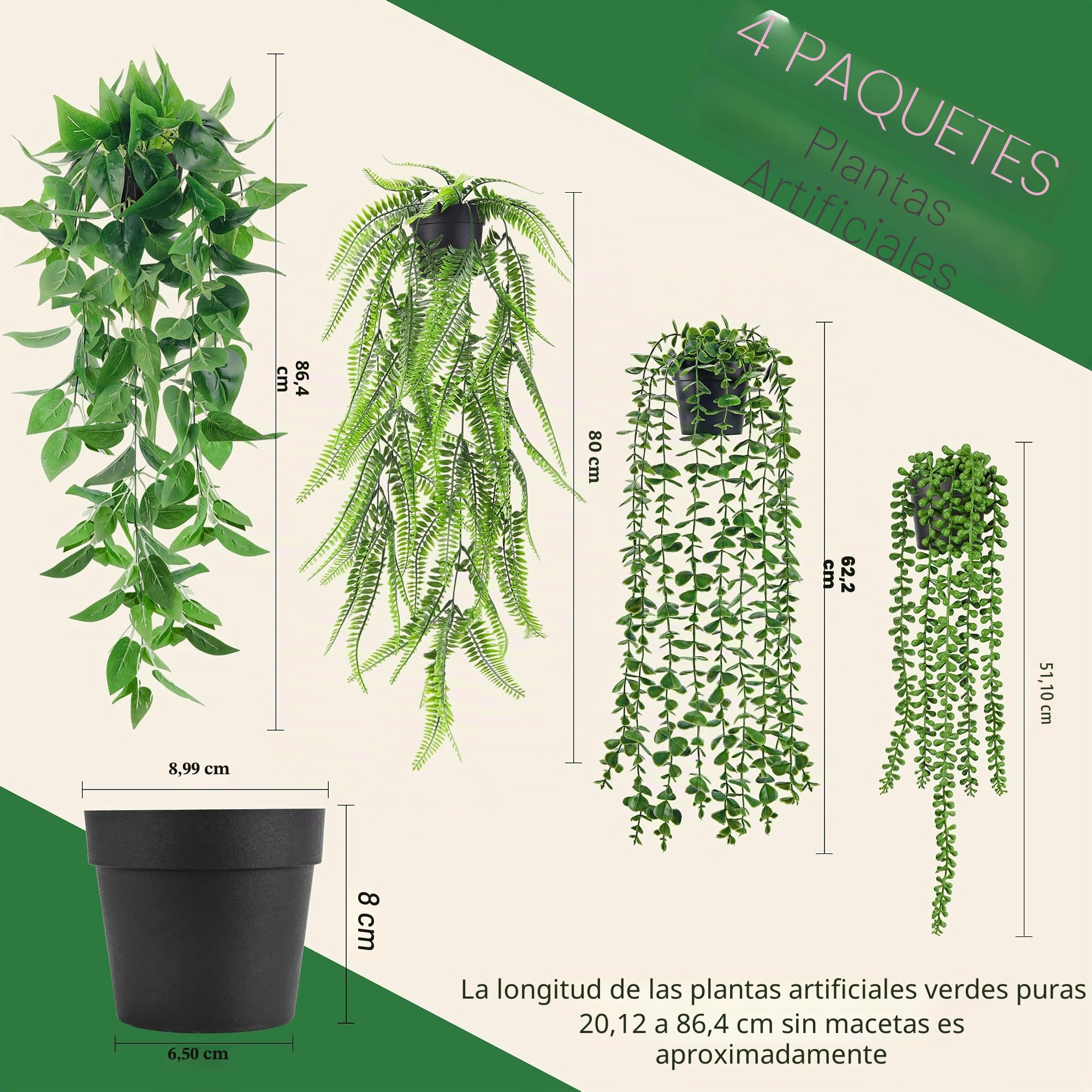 Der Rose 4 piezas de plantas artificiales colgantes, vid de hiedra falsa, eucalipto artificial, helecho Boston, cadena de perlas para la estética de la sala de estar, dormitorio, cocina, decoración de