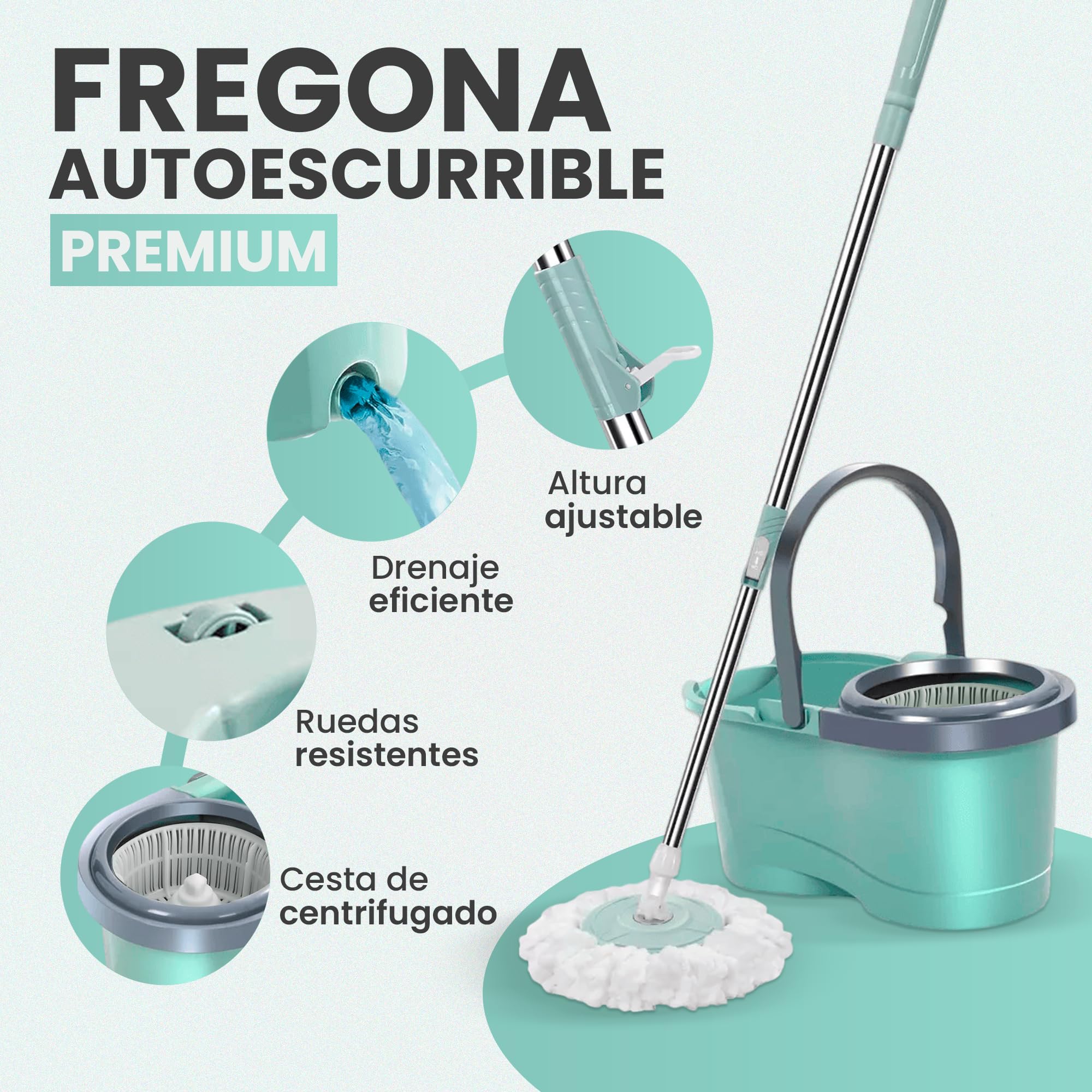 JUPPLIES Cubo Fregona Autoescurrible Giratoria 360º con Cabezal de Microfibra Mango Telescopico