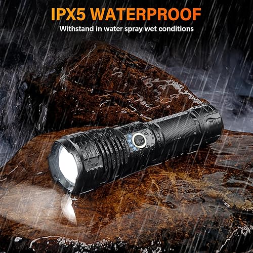 Miniatura 7 de Linterna LED recargable de 500000 lúmenes altos, linternas de mano súper brillantes, potentes linternas tácticas impermeables con 5 modos de zoom