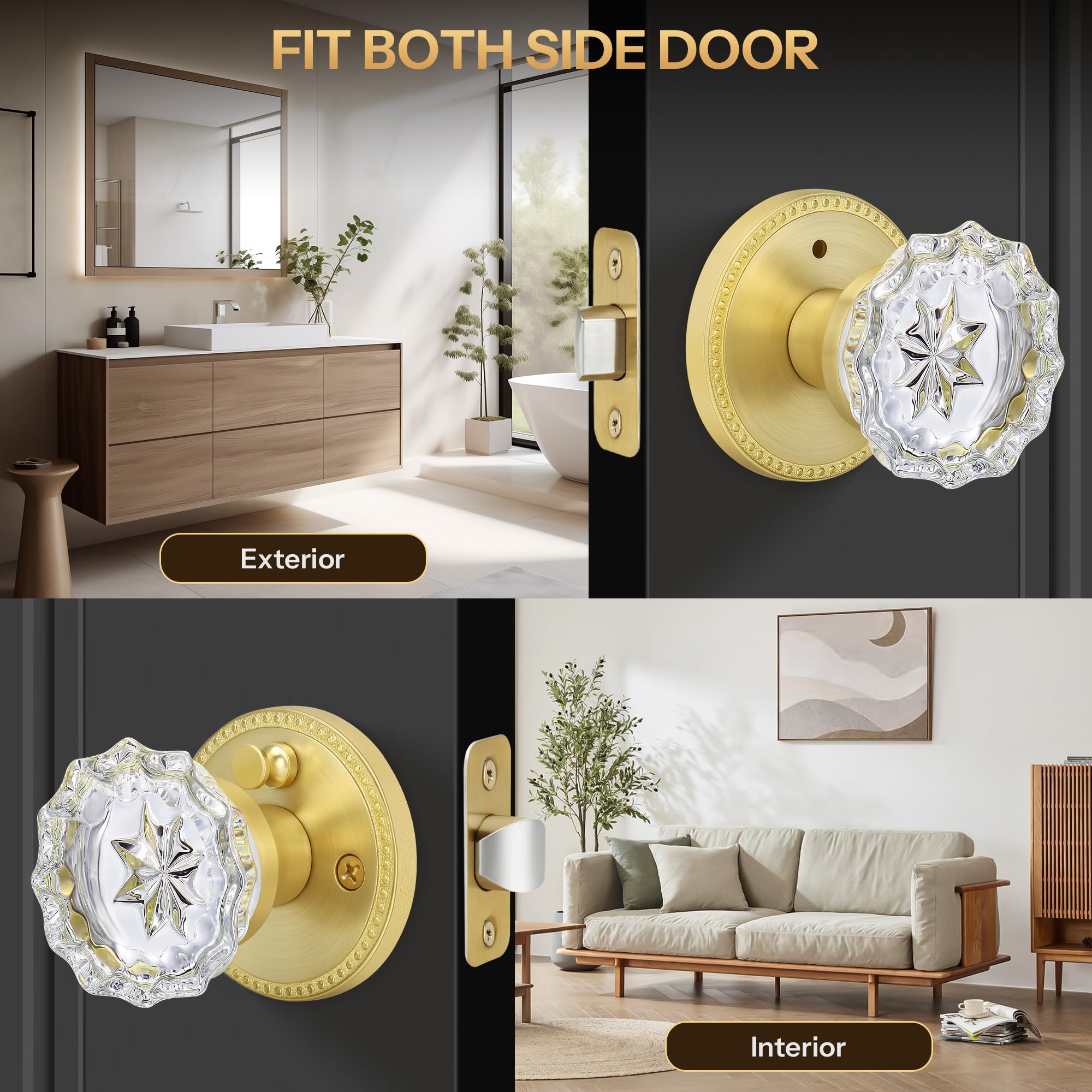 Vintage Crystal Door Knob - Satin Brass Privacy Lock -5
