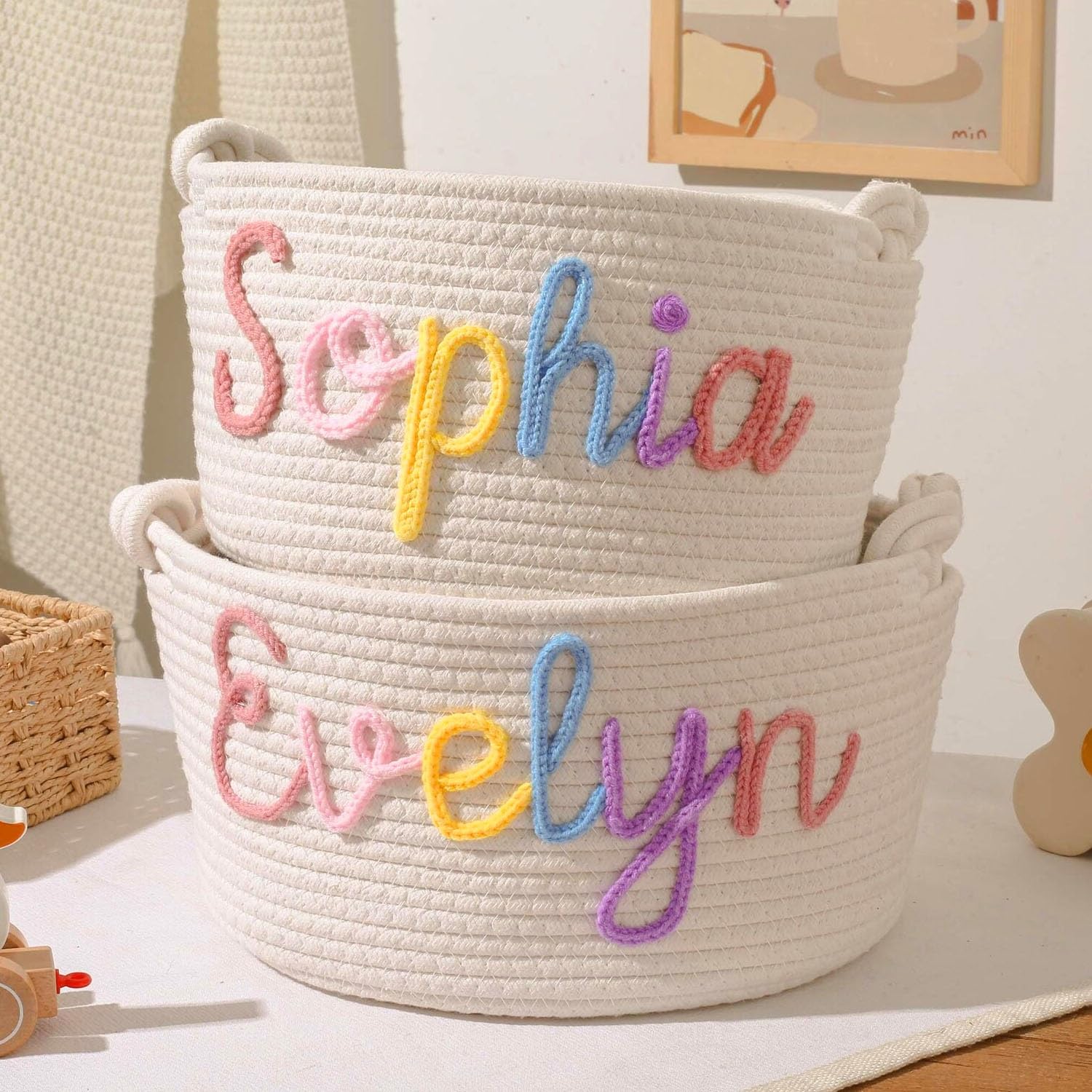 Panier Personnalisé Pour Bébé Avec Prénom, Paniers Tissés À La Main En Coton, Organiseur De Jouets Personnalisé Pour Nouveau-né Fille Ou Garçon, Décoration Pour Chambre D'enfant(M:35X13X19CM)