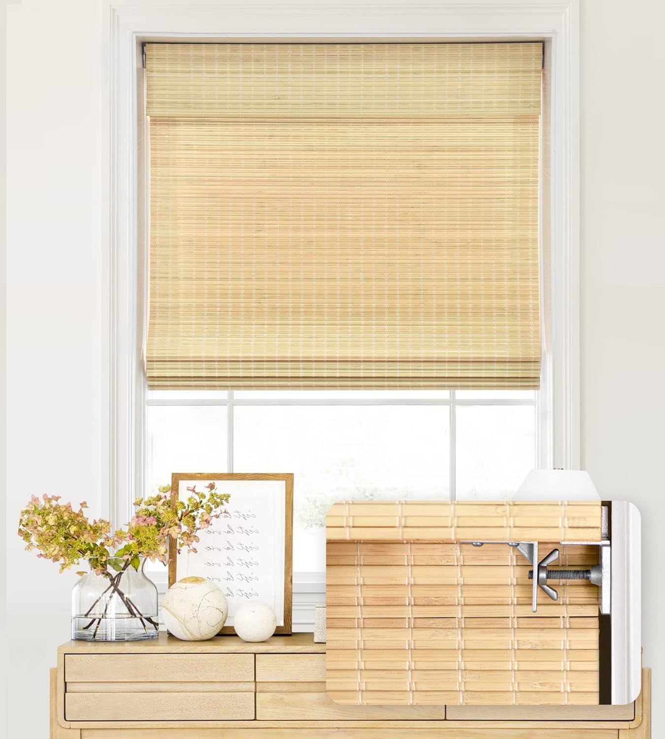 LazBlinds No Tools No Drill Cordless Bamboo Roman Shades, Privacy Blinds for Interior Windows, Room Darkening Roll Up Bamboo Blinds for for Home & Patio, 57" W x 36" H, Privacy-Natural
