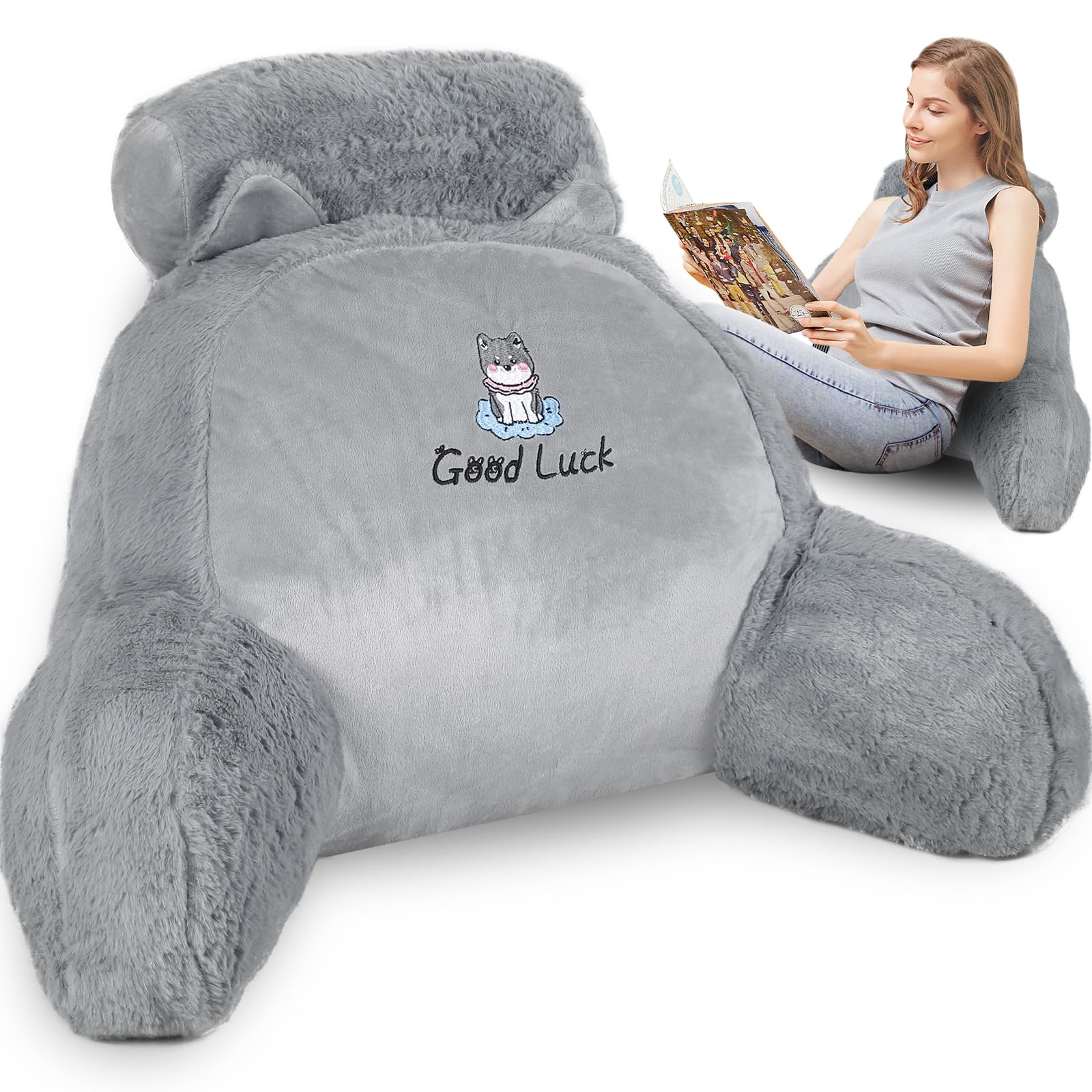 Reading Pillow for Bed 75×50 CM Large Lovely 2 In 1 Soft Reading Cushion for Bed Back Support with Support Arm Detachable Backrest Pillow Washable Support Rest Pillow for Reading Watching TV