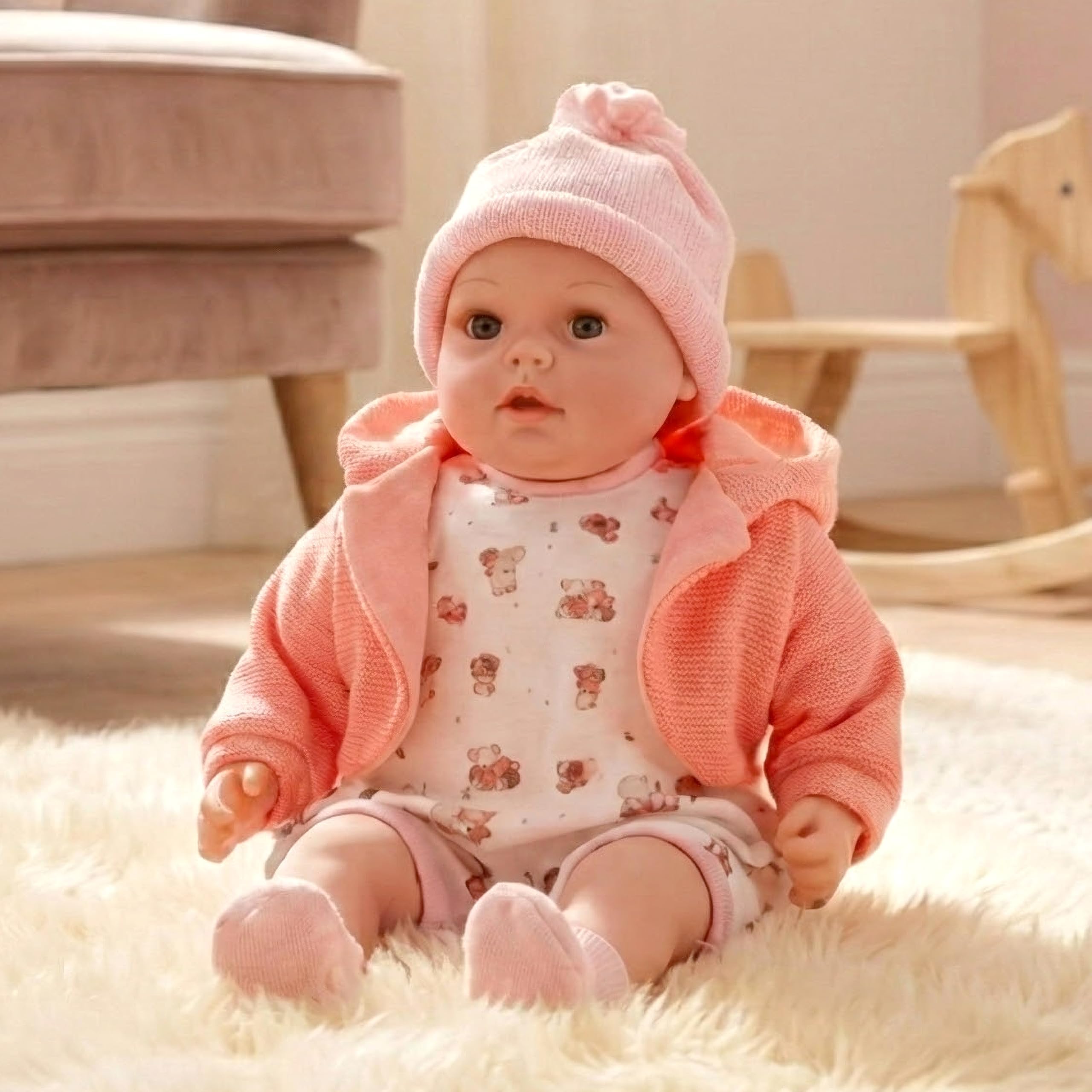 The Magic Toy Shop BiBi Doll 18-Inch Baby Doll Peach with 16 Sounds – Realistic Girl with Dummy, Removable Outfit & Soft Vinyl Limbs – Soft Body Baby for Toddlers 18 Months+