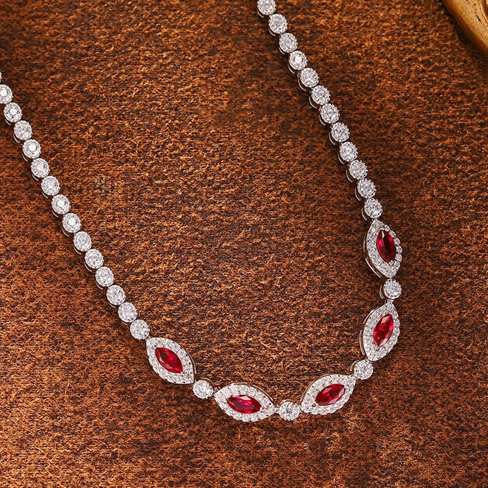 Pulsera de Oro Blanco 9 K / 14 K / 18 K Mujer, Marquesa con Rubí Creado de 0,75 ct y Moissanita, Cadena 16 CM, Pulseras Mujer de Plata Rojo