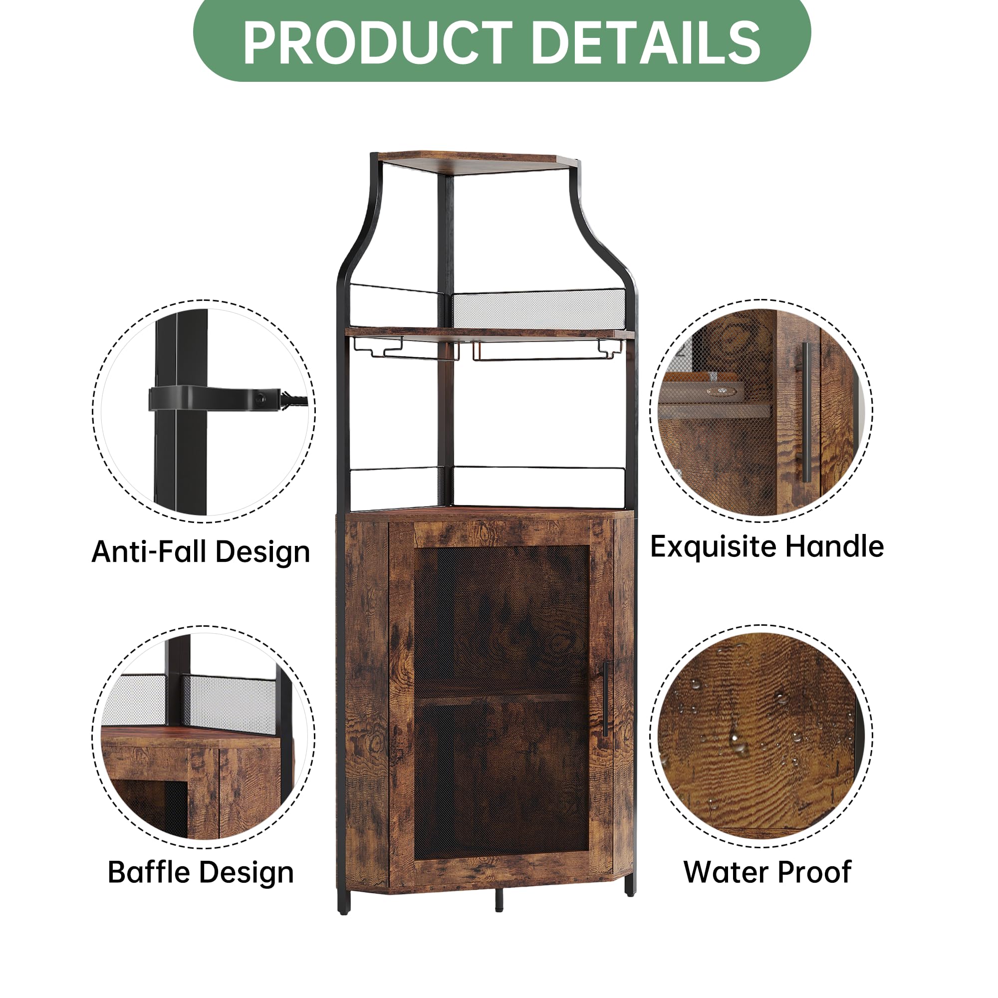 Eck-Weinschrank 154 cm – Bar Schrank Im Industrial Design Mit Glashalter, Gittertür & Verstellbaren Regalen – Platzsparender Eck-Barschrank Für Wohnzimmer, Küche & Esszimmer，Vintage-Farbe +Lampe
