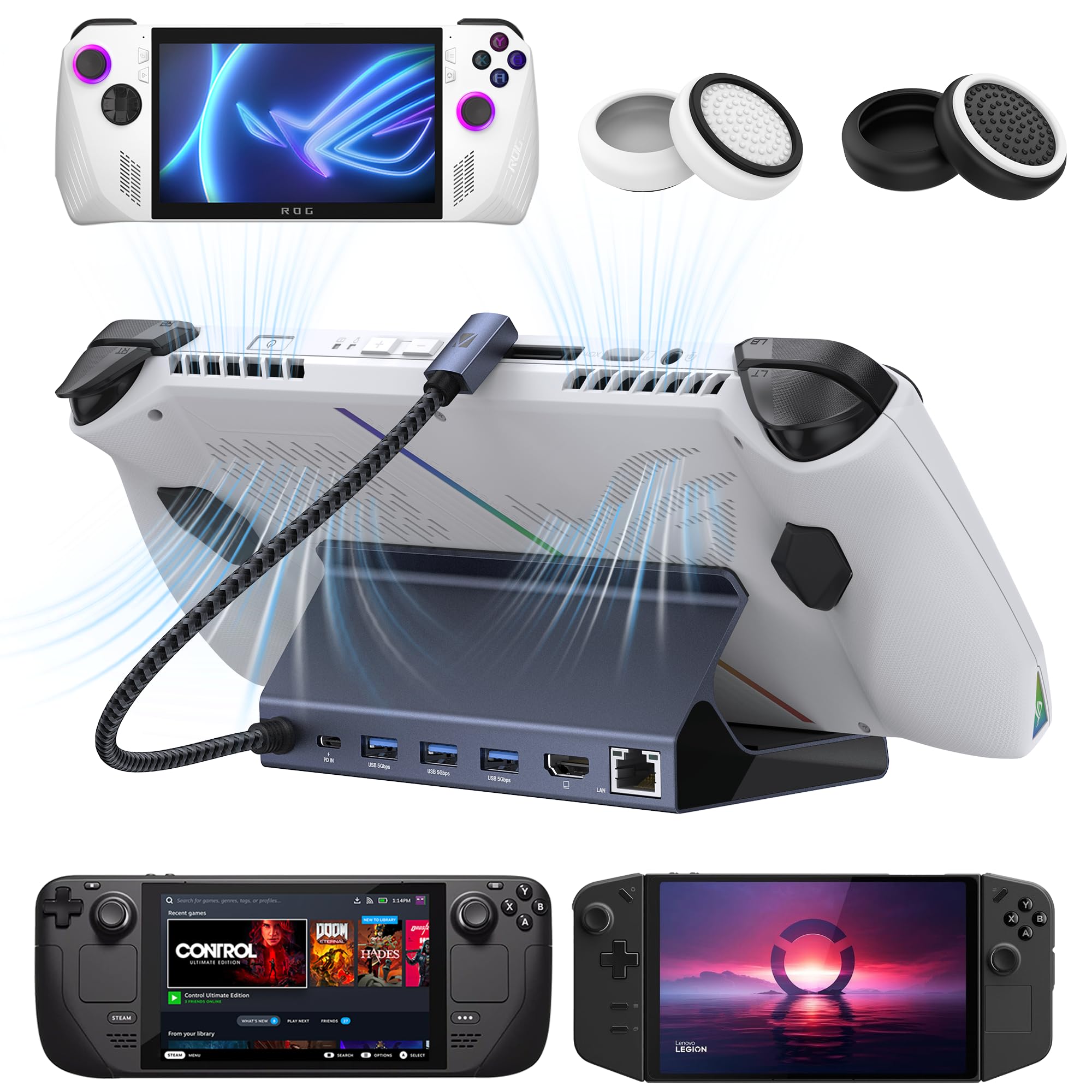 Dock Stazione 6 In 1 Per ROG Ally E Steam Deck – Uscita HDMI 4K@60Hz, Gigabit Ethernet, 3 USB-A E USB-C Con Ricarica 100W