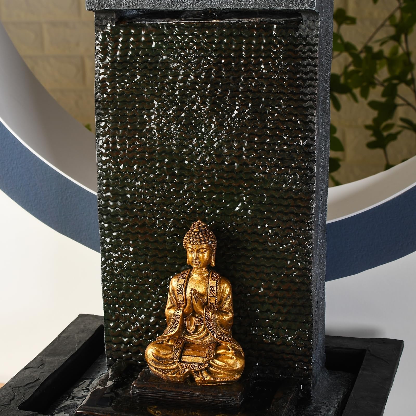 Mur d’Eau Zenitude - Fontaine d’intérieur avec Spot LED Jaune - Grande Fontaine de Table avec Statue Bouddha Amovible - Ambiance Zen pour salon, bureau, chambre - Cadeau Original - H: 40cm - Zen’Light