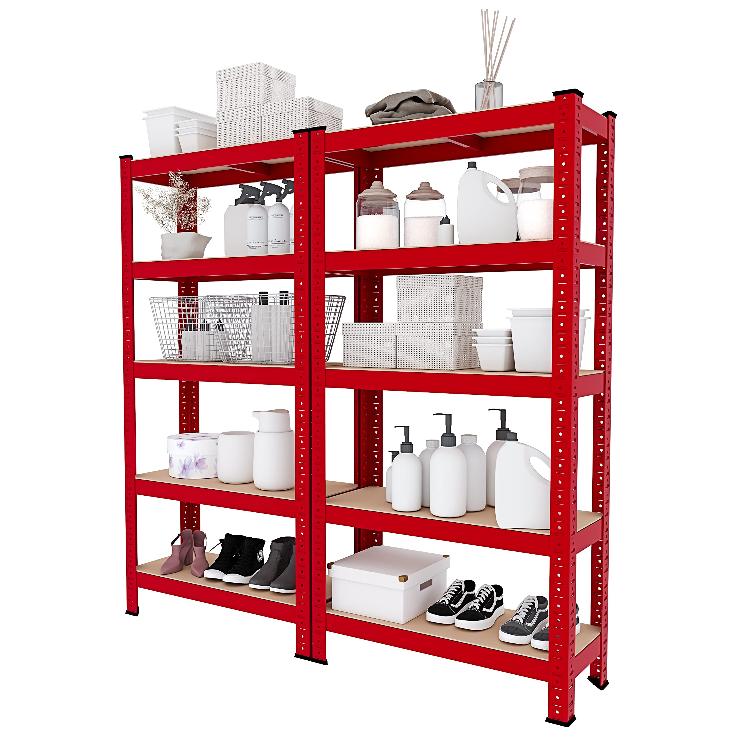 Bricozone Scaffale In Metallo E MDF Con 5 Ripiani Regolabili Scaffale Ad Alta Portata Fino a 875 kg 150 x 75 x 30 cm Ideale Per Garage Officina Cantina Capannone Magazzino Design Modulare (Red)