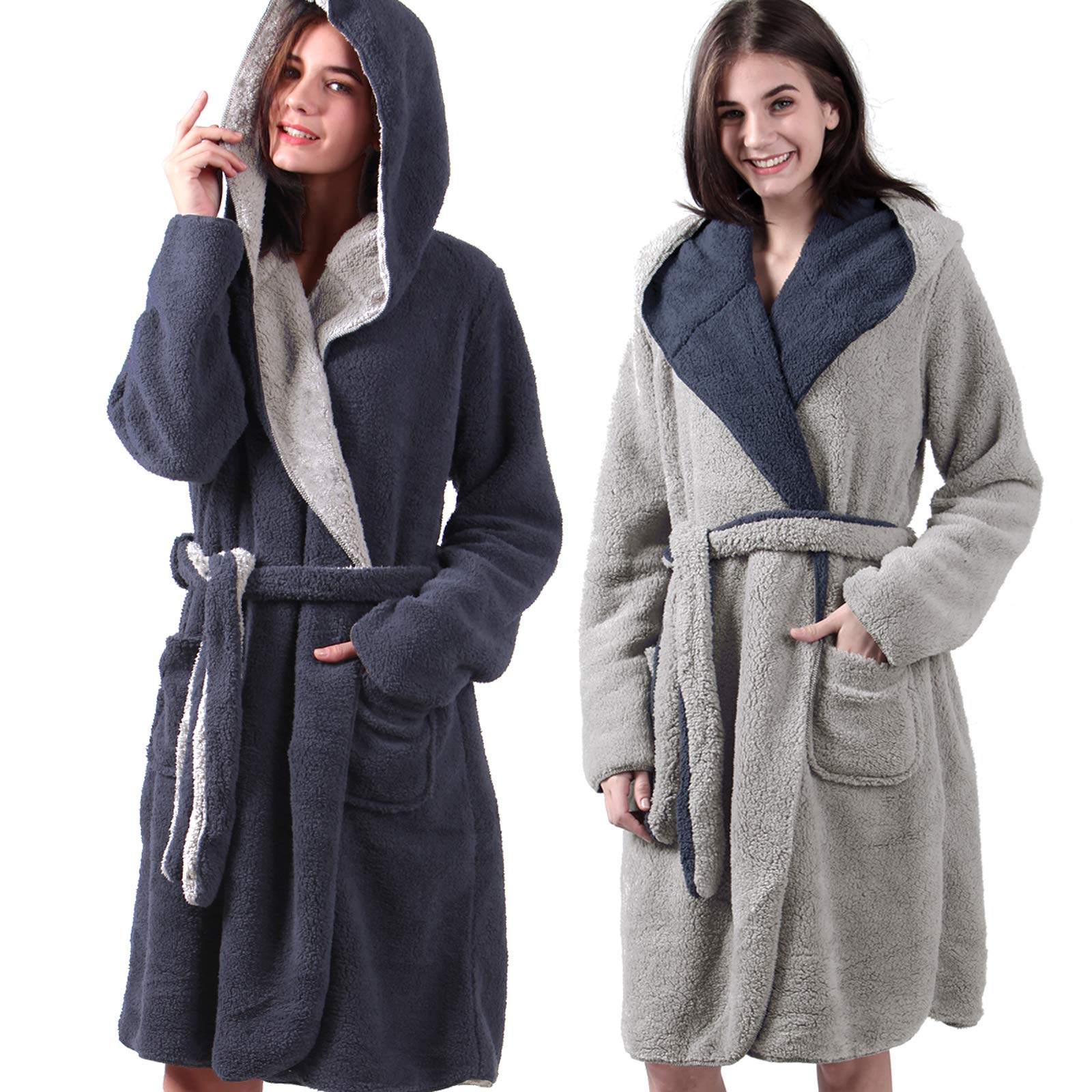 HOMELEVEL Sherpa omkeerbare badjas voor heren, met capuchon, ochtendjas, huisjas, badjas, winter, warm, antraciet/lichtgrijs, M