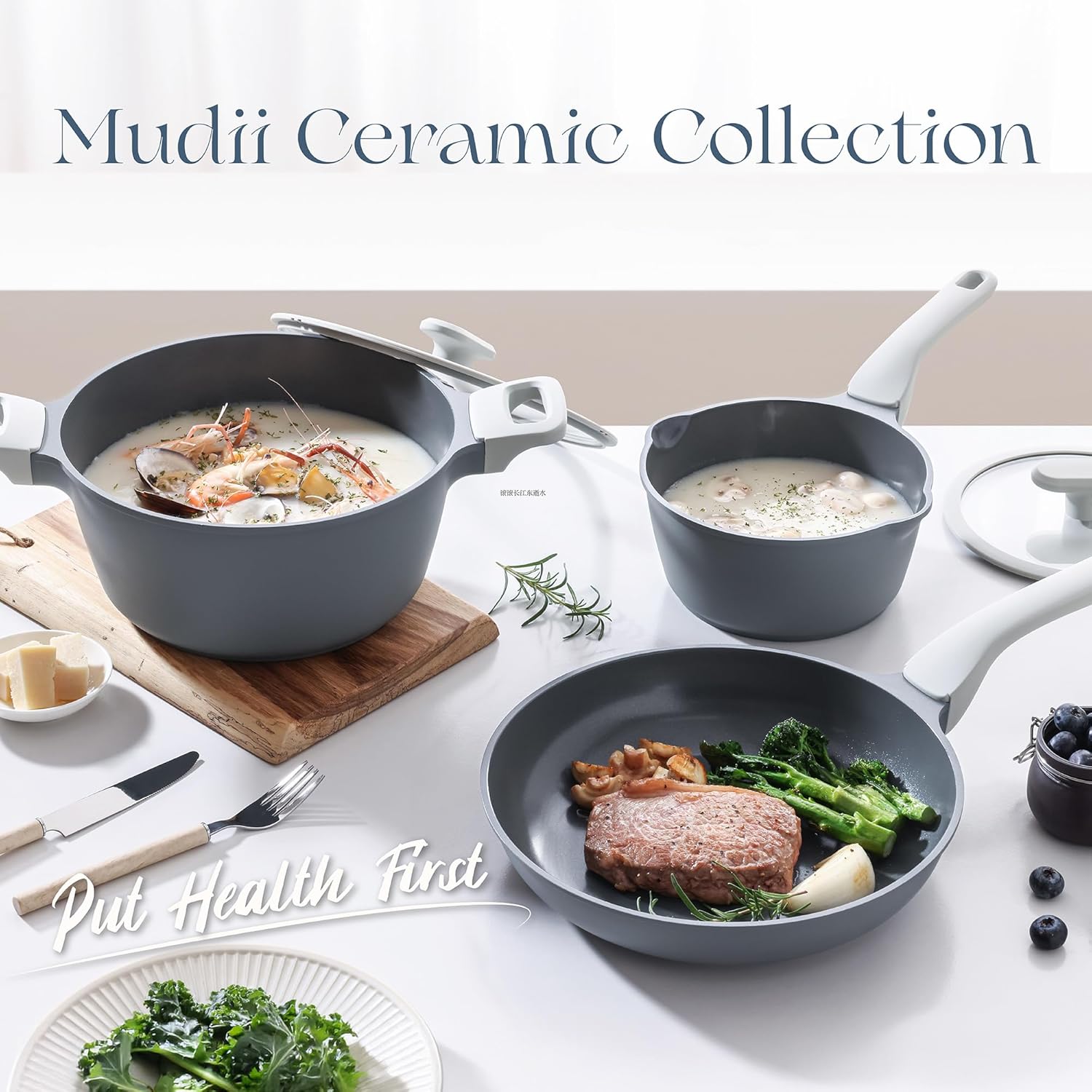 PRICUSIS 8Pcs Nonstick Ceramic Frying Pan Set with Lid, 8+10+12 Inch Induction Compatible, Stay Cool Handle, Fully Coated, 100% Dishwasher Safe, PTFE PFAS & PFOA Free Omelet Pans (Blueberry Gray