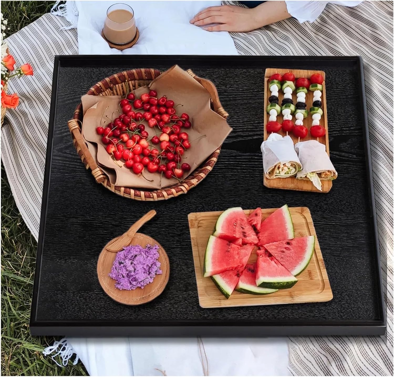 20 x 20 inches large square black solid wood ottoman tray, serve tea, coffee or breakfast in bed, classic wooden decorative serving tray with raised edges, kitchen party bar server table tray 20" x 20" x 1.2"