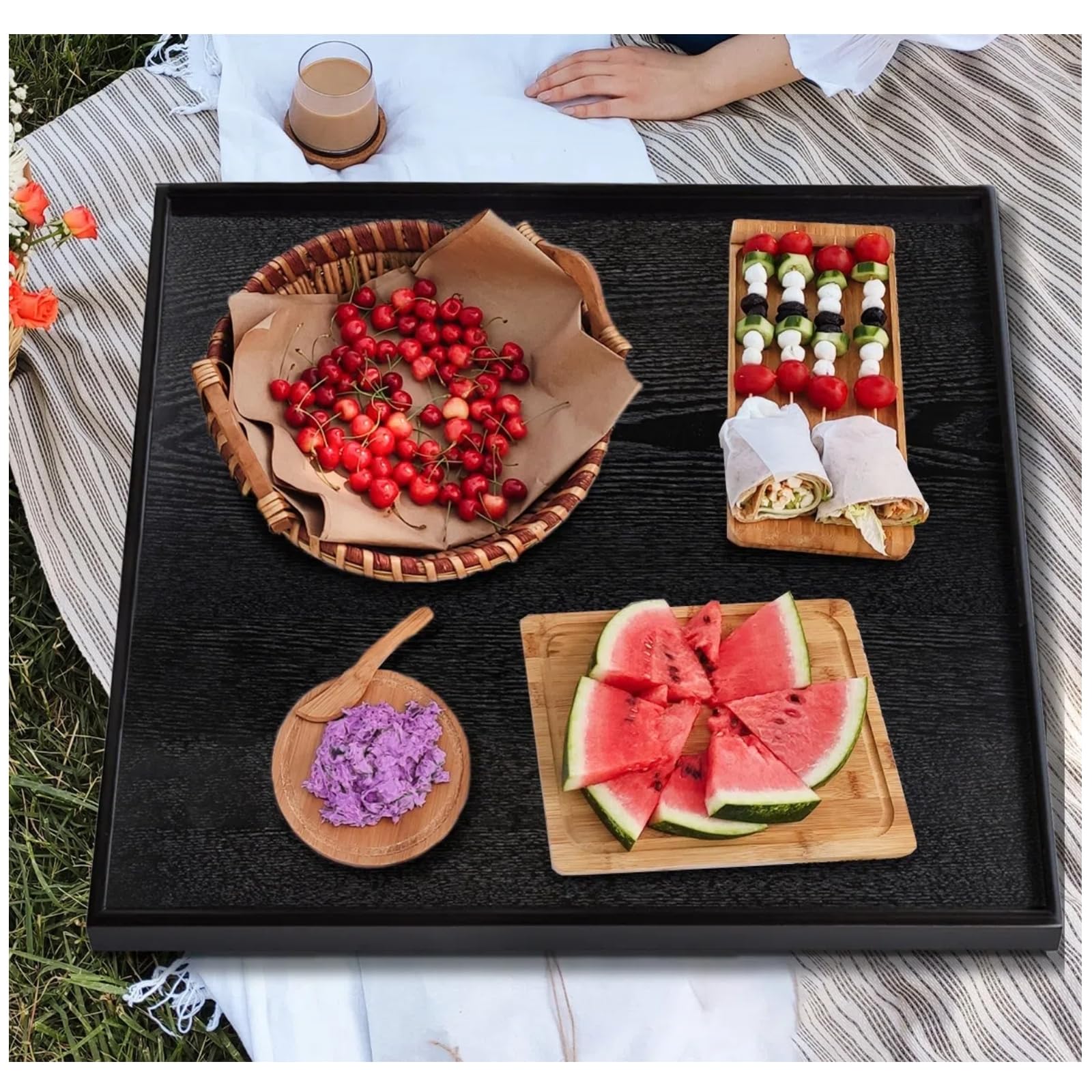 Vassoio da portata quadrato extra large da 50 cm, in legno massello, classico vassoio da tè e caffè, vassoio decorativo in legno nero, vassoio ottomano per servire snack, cucina, feste, bar, bordi