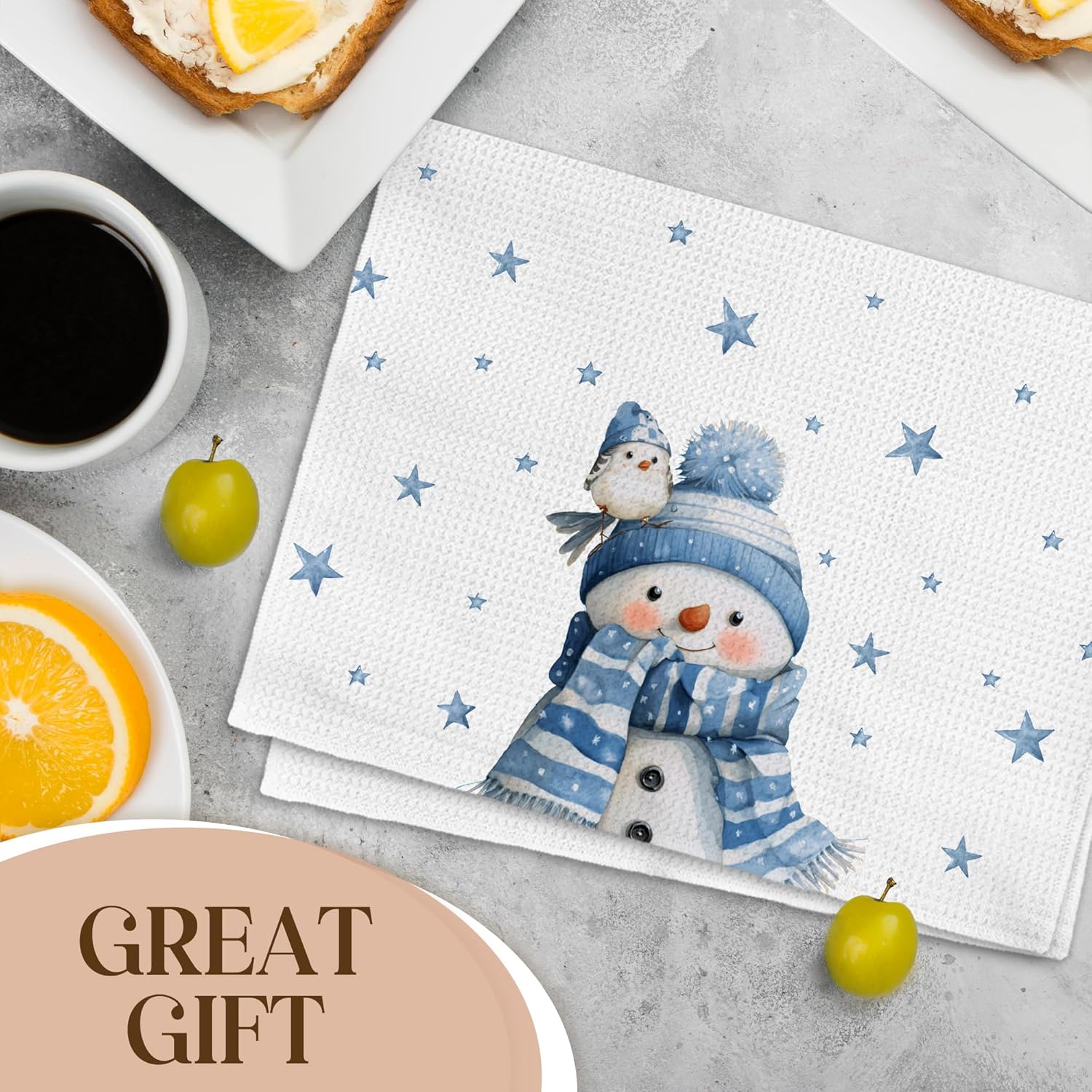 Winter Cute Blue Snowman Bird Bar Kitchen Towels, Blue and White Christmas Snowman Snowflake Holiday Xmas Farmhouse Decorative Hand Tea Dish Towel for Bathroom Kitchen Decor, 16x24 Inch - Image 5