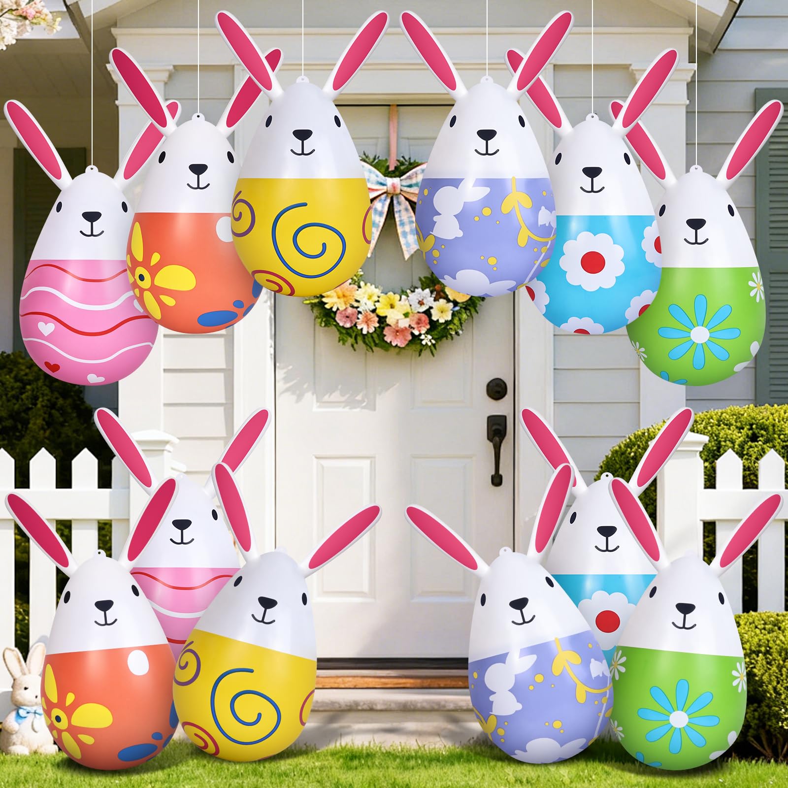 12 Pack 18 inch Inflatable Easter Eggs with Rabbit Shapes, Blow Up Easter Yard Decorations Colorful Outdoor Ornaments for Garden Lawn Spring Party
