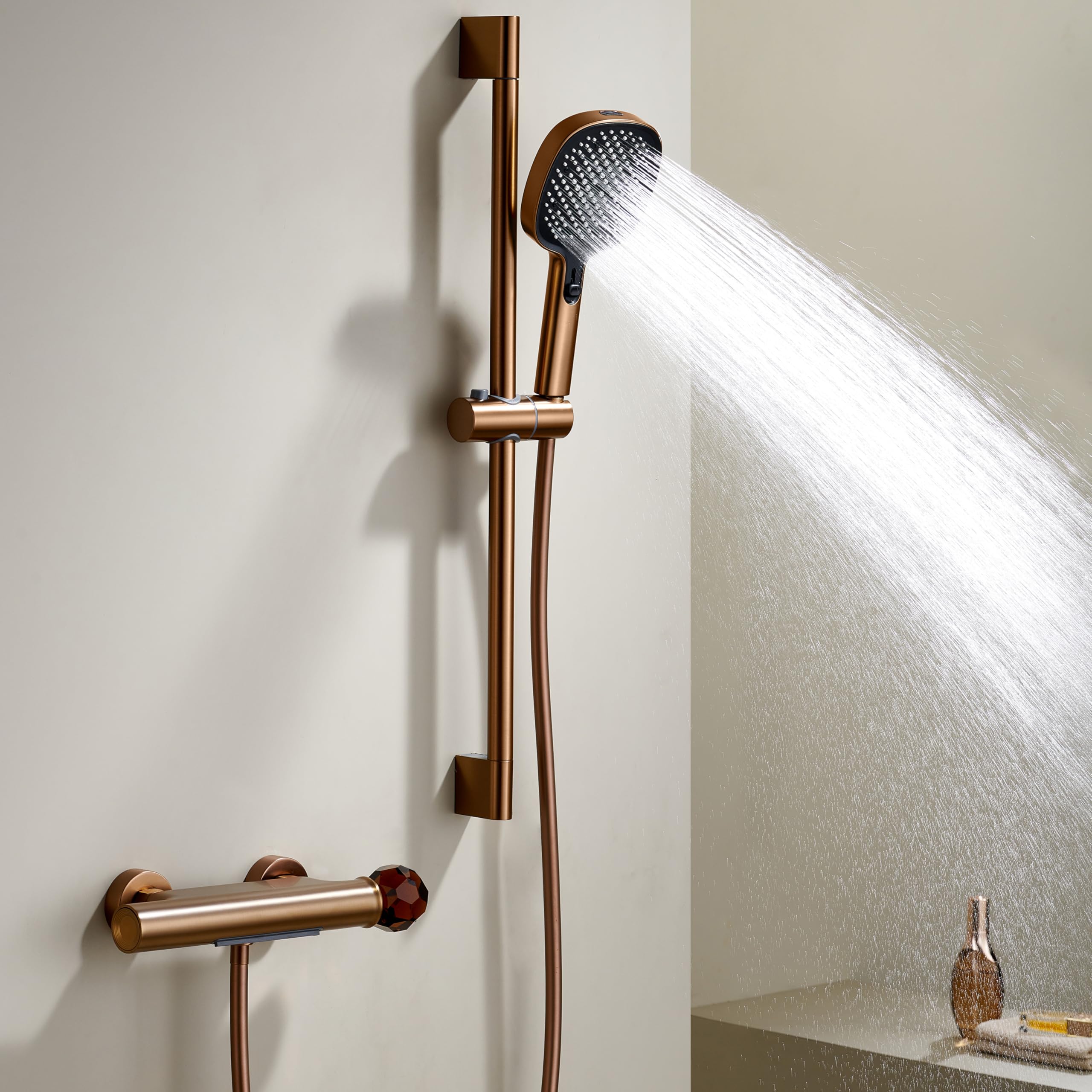Colonna doccia,Set doccia con doccetta e bocca inferiore,Set doccetta con 2+1 tipi di getto,Doccia regolabile in altezza e angolazione,Oro rosa spazzolato Kit doccia completo
