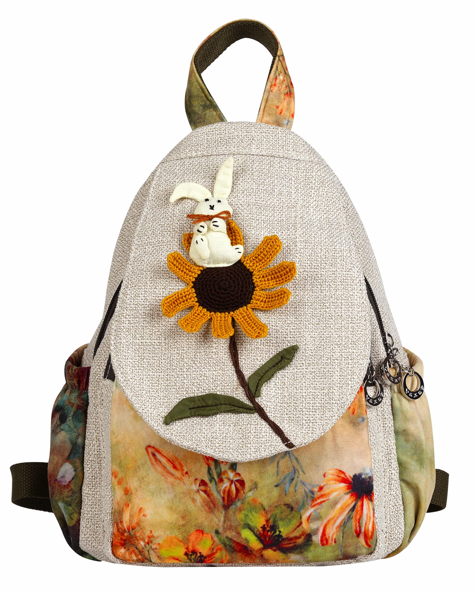 HUANGGUOSHU Boho and Bohemian Small Canvas Backpack Purse for Women - Adjustable Carry Sling Bag, Embroidered and Woven Tapestry Patterns Whimsical