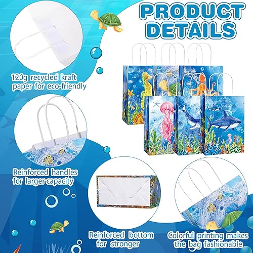 Miniatura 3 de Outus 24 bolsas de regalo de fiesta de animales marinos, papel de regalo con asa colorido tema oceánico submarino, golosinas, recuerdos de fiesta