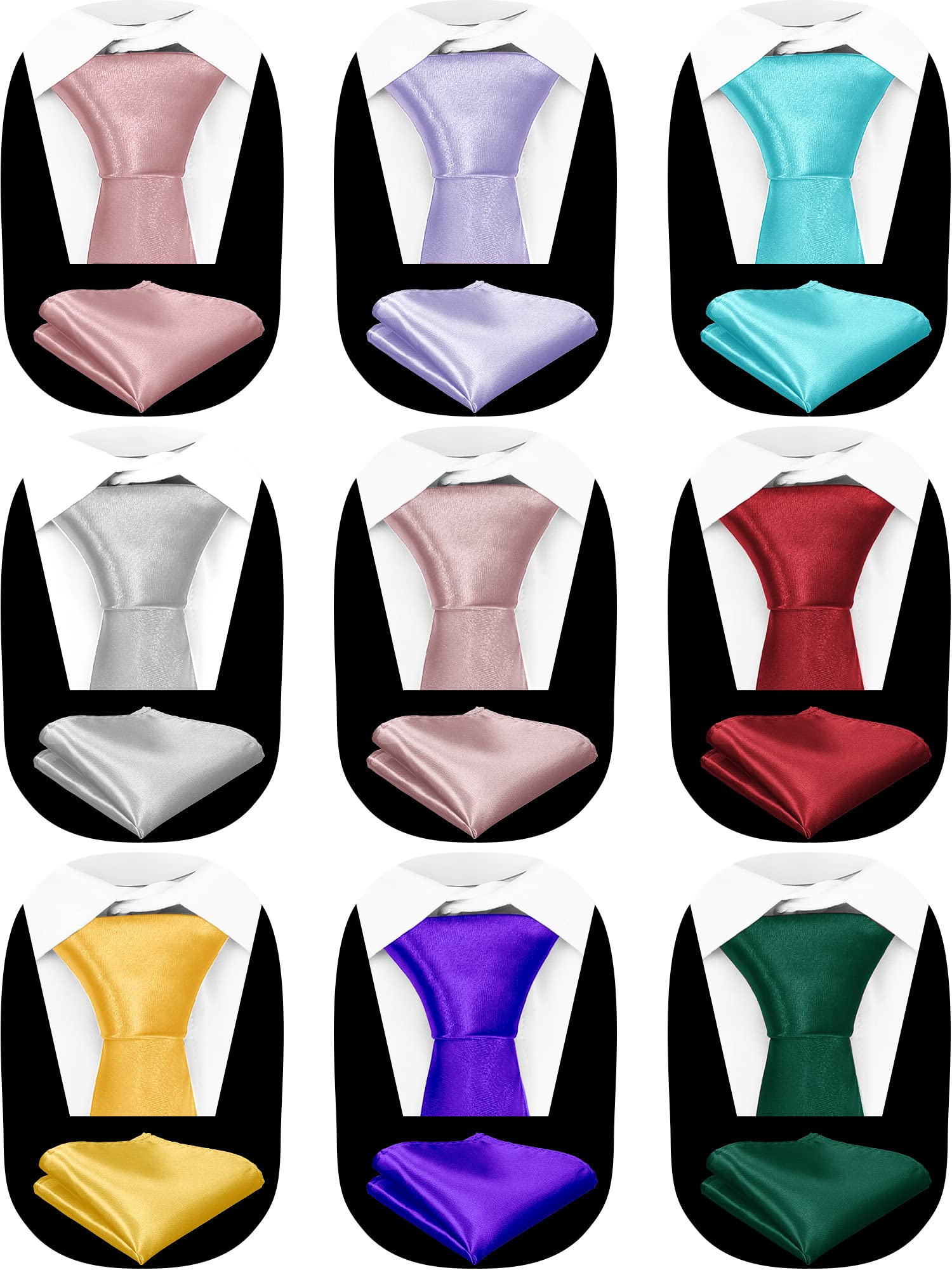 9 Sets Tie and Pocket Square Solid Color Pastel Ties for Men Formal Necktie Men's Tie Satin Pocket Square for Wedding Party