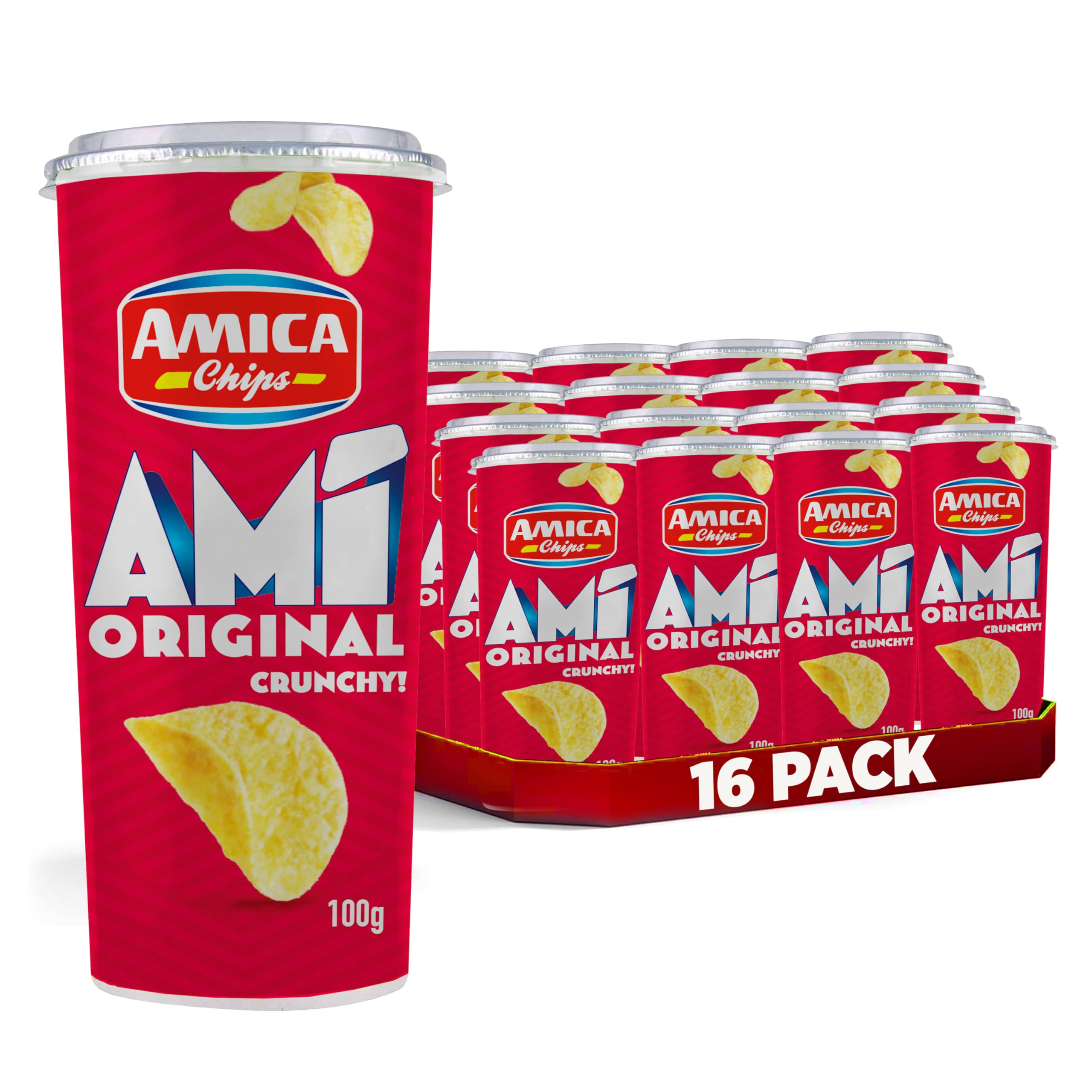 AMICA Chips | AMI' Original, Patatine Gusto Original, Confezione a Tubo Apri e Chiudi, Gusto Croccante, 16 Pezzi x 100 gr