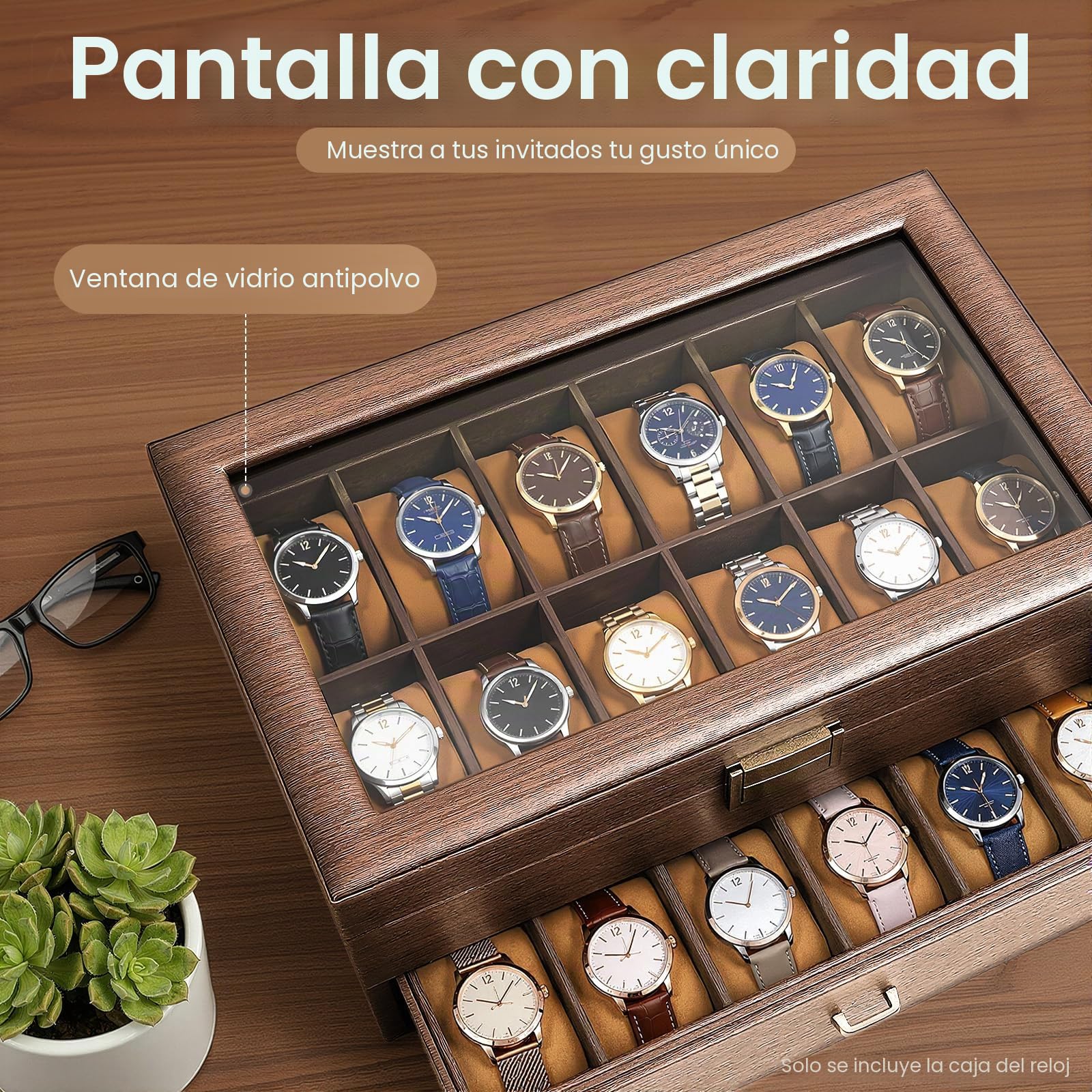 Caja Relojes 24 Rejillas 2 Niveles Watch box con Vidrio Tapa y Snap Estuche Reloje para Personal, Presentación Tienda y Decoración de Interiores, para Guardar Relojes, Joyas